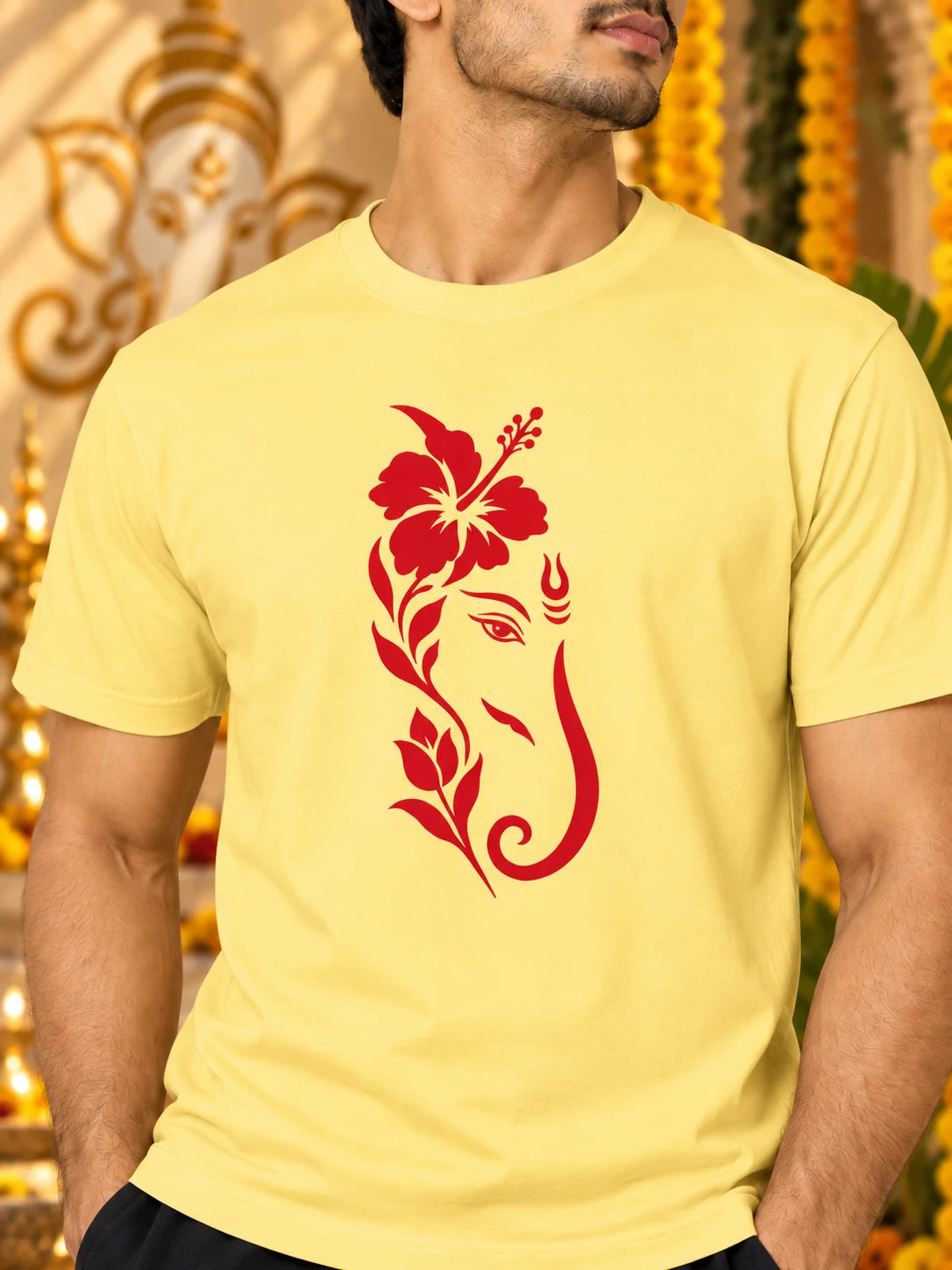 Men's Premium Pure Cotton Ganesha Graphic T-Shirt | 180 GSM Bio-Washed Regular Fit-Pastel Yellow