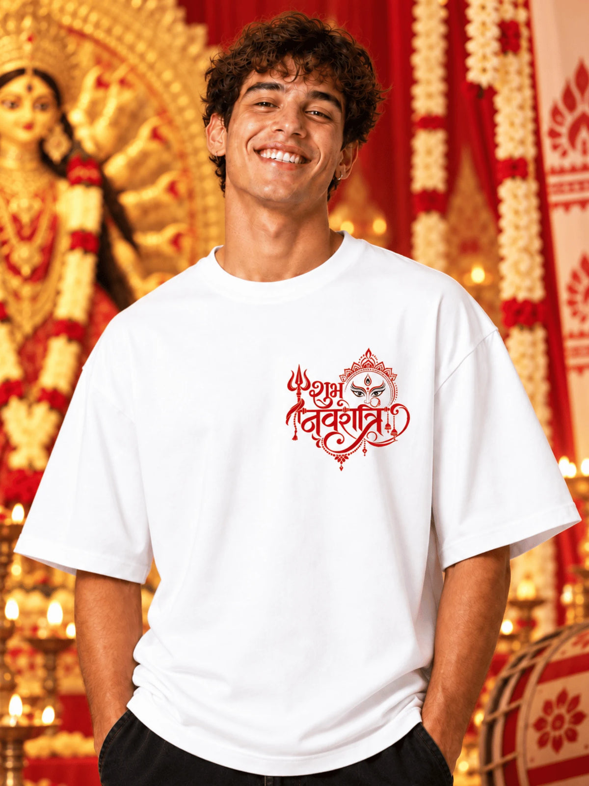 Excello Men's Shubh Navratri Graphic Oversized T-Shirt | White