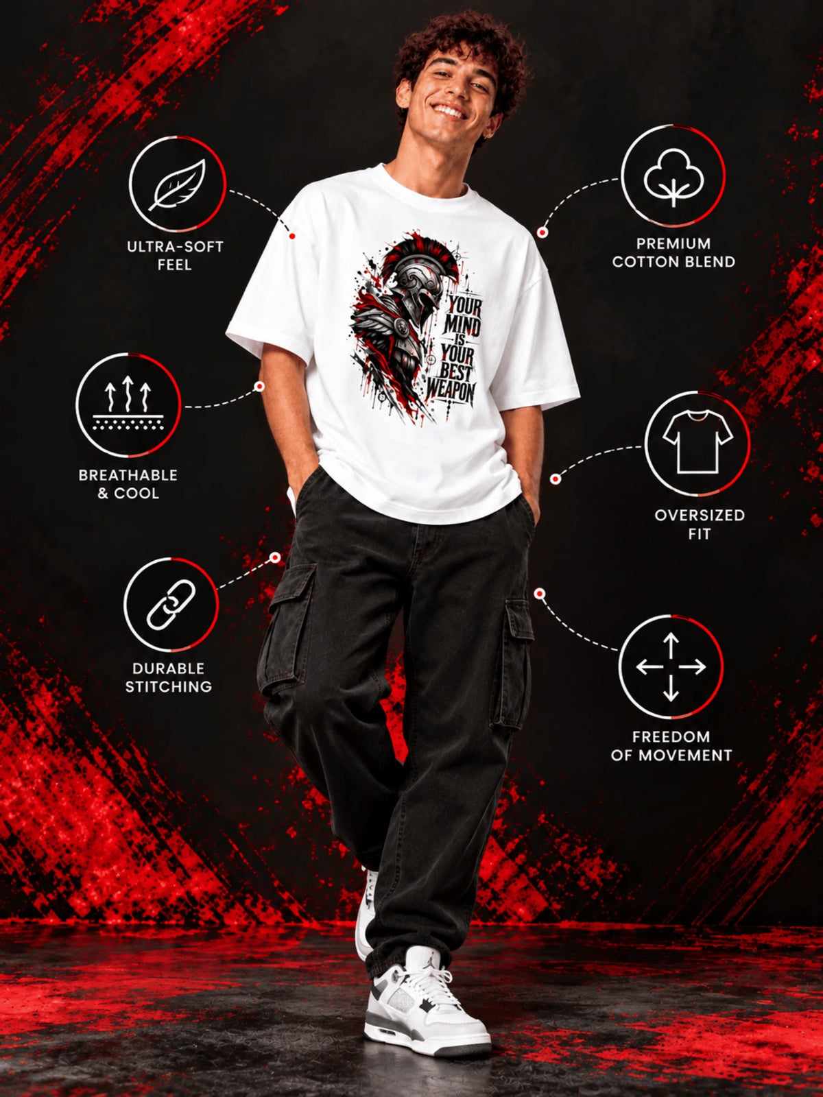 Excello Men's Spartan 'Your Mind Is Your Best Weapon' Graphic Oversized T-Shirt |  White