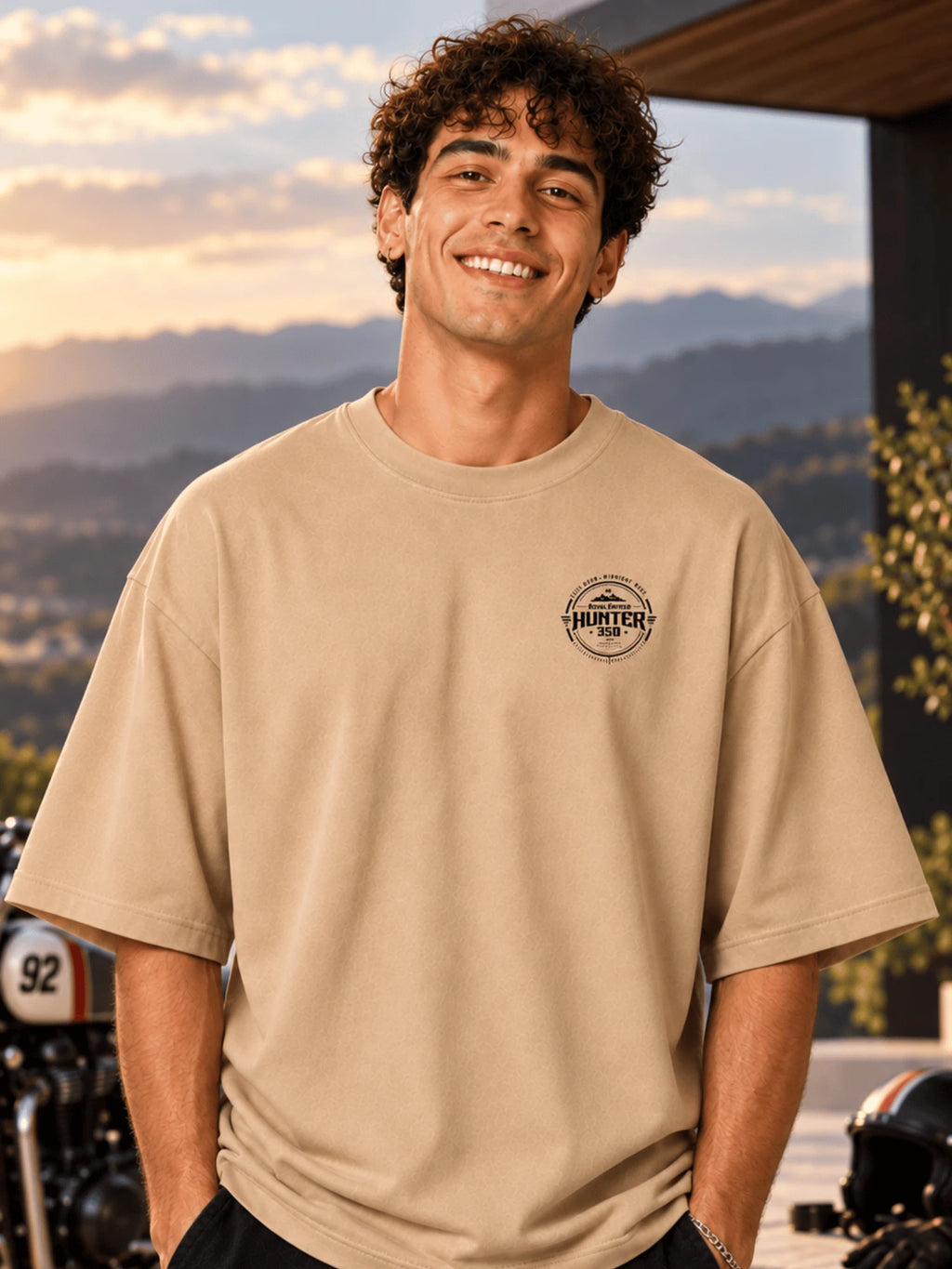 Excello Men's 'Midnight Riot 92' Motorcycle Graphic Oversized T-Shirt | Beige