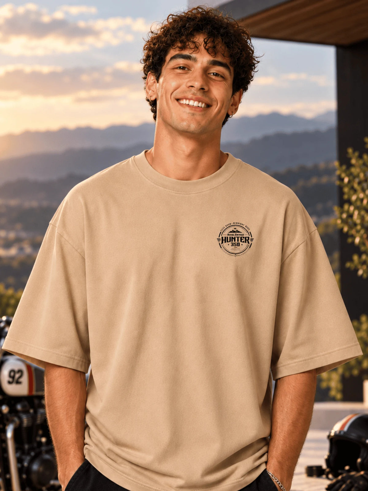 Excello Men's 'Midnight Riot 92' Motorcycle Graphic Oversized T-Shirt | Beige