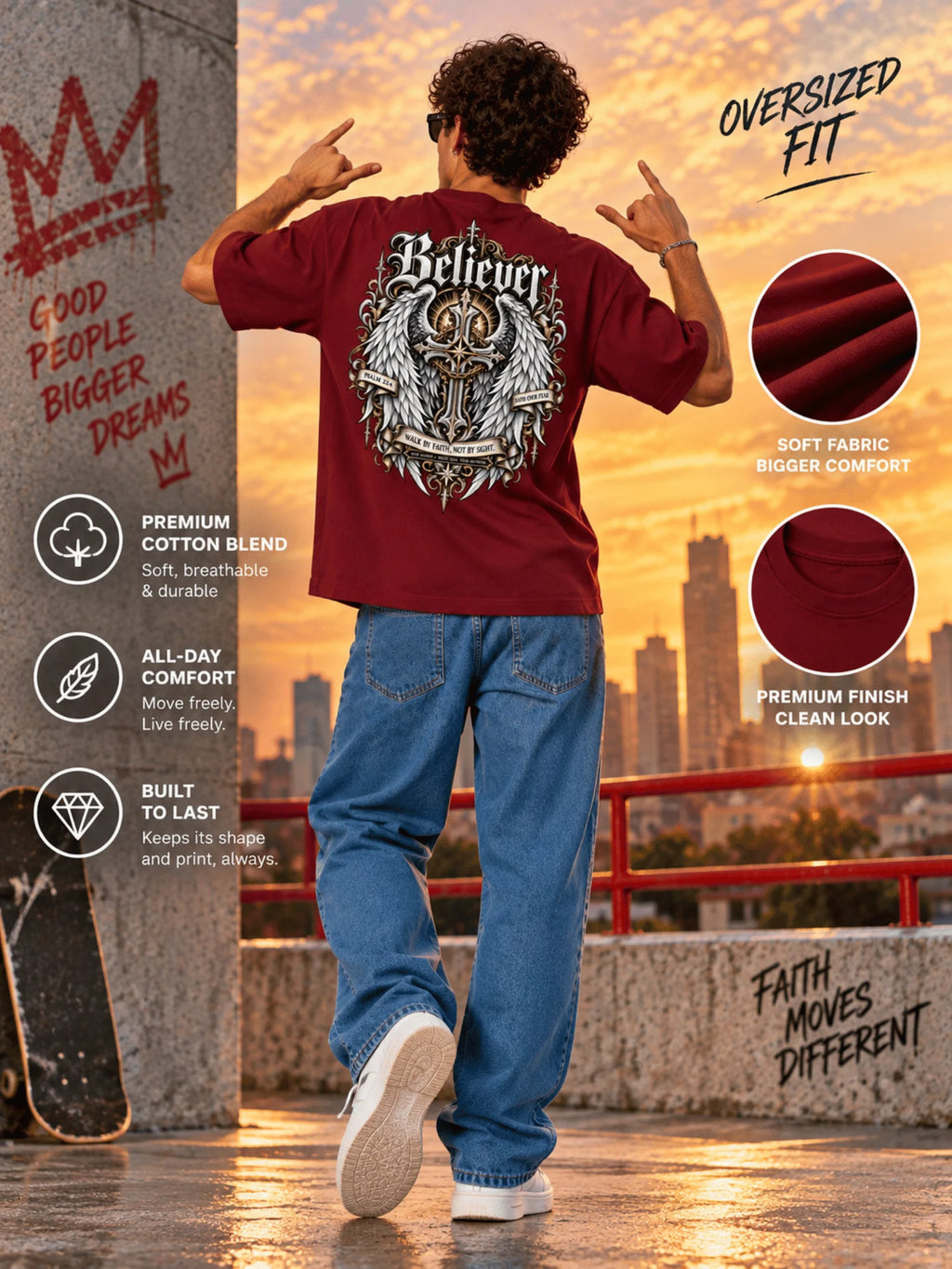 Excello Men's 'Believer' Cross & Wings Graphic Oversized T-Shirt | Maroon
