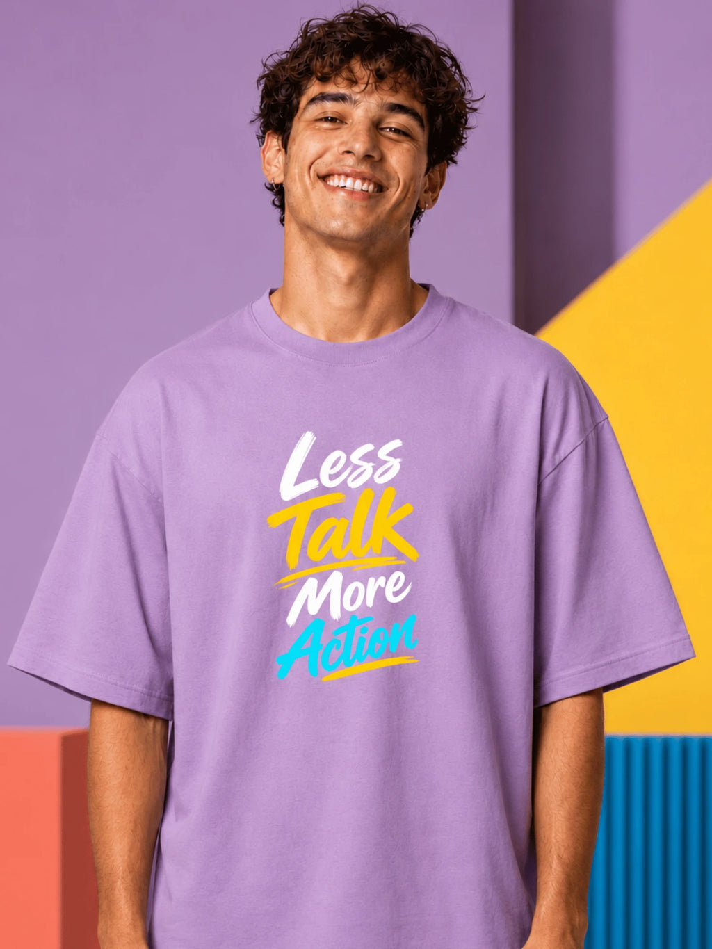 Excello Men's 'Less Talk More Action' Panda Graphic Oversized T-Shirt | Lavender