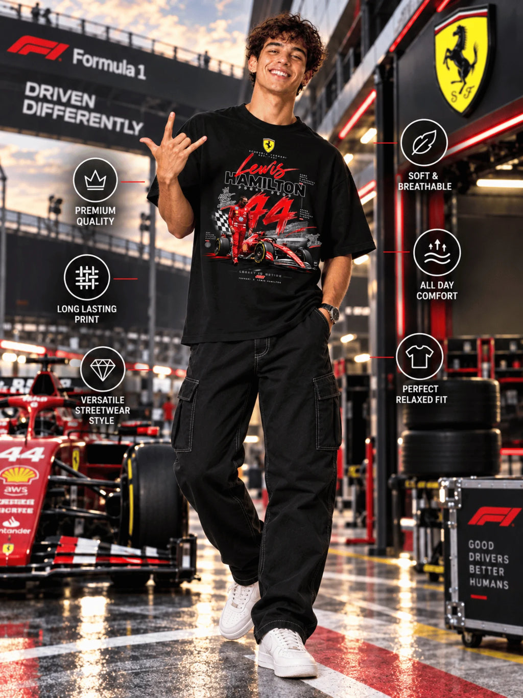 Excello Men's Lewis Hamilton 44 Scuderia Ferrari Graphic Oversized T-Shirt | Black