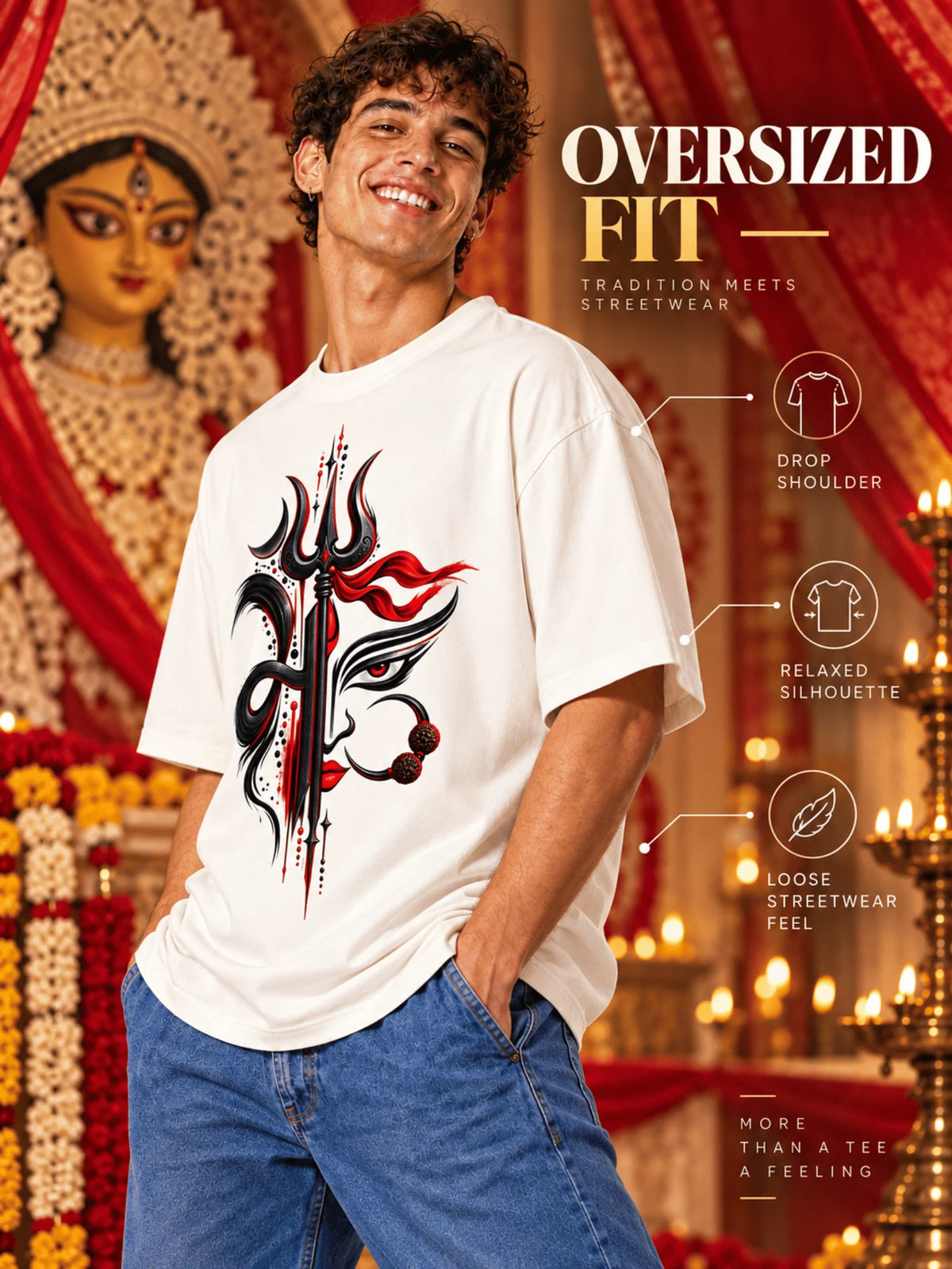 Excello Men's Divine Maa Durga Trishul Graphic Oversized T-Shirt - 180 GSM Premium Cotton | Off White