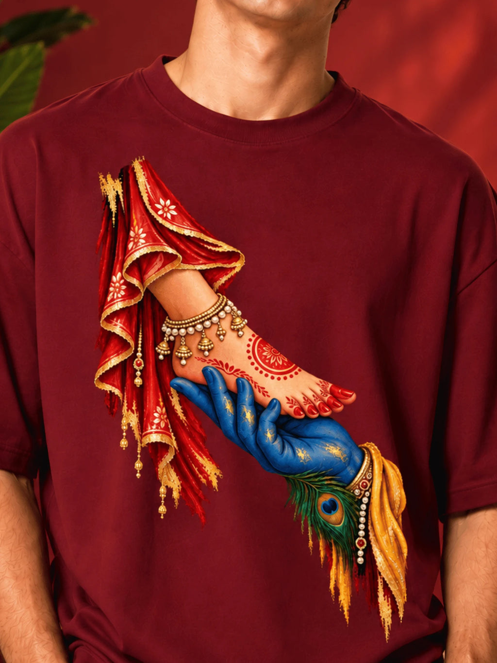 Excello Men's Divine Radha Krishna Love Graphic Oversized T-Shirt - 240 GSM | Maroon