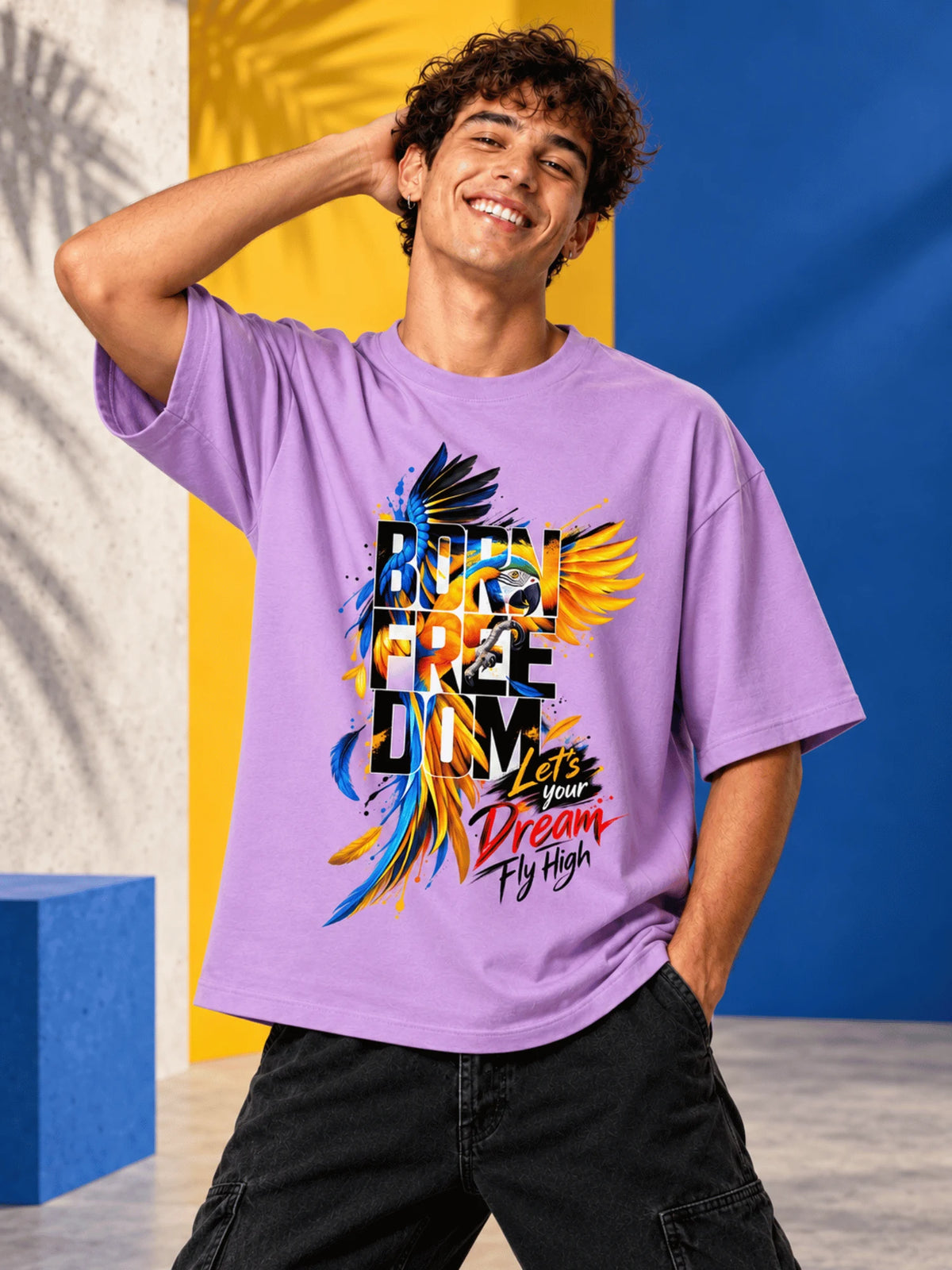 Excello Men's 'Born Freedom' Bird Graphic Oversized T-Shirt | Lavender