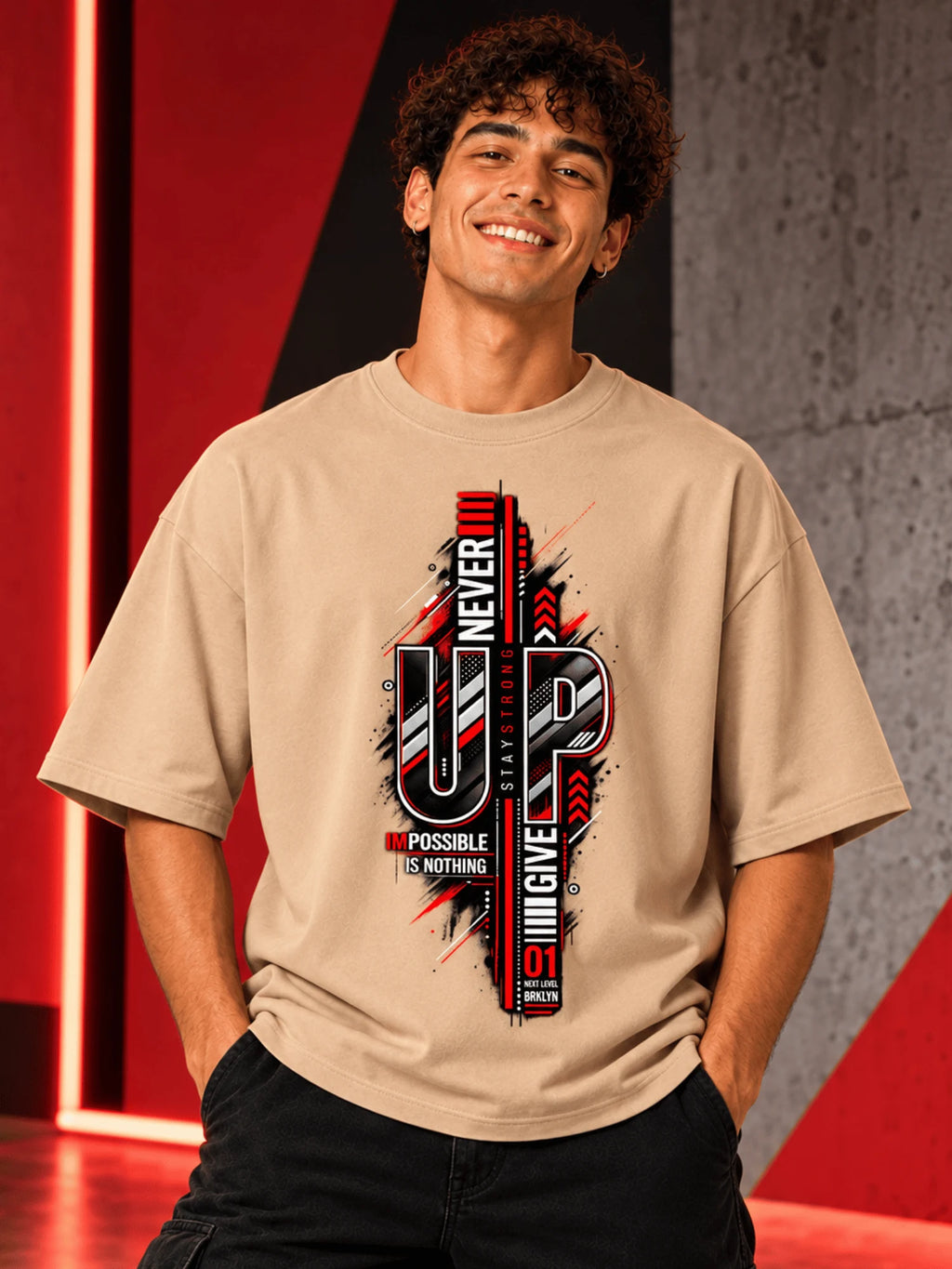 Excello Men's 'Never Give Up' Motivational Graphic Oversized T-Shirt |  Beige