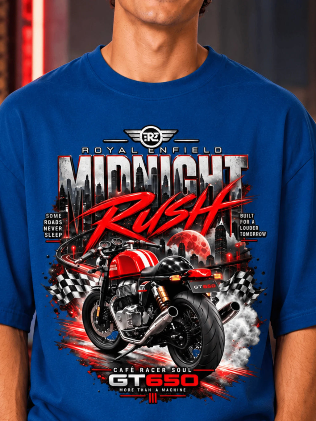 Excello Men's Royal Enfield GT 650 'Midnight Rush' Graphic Oversized T-Shirt | Air Force Blue
