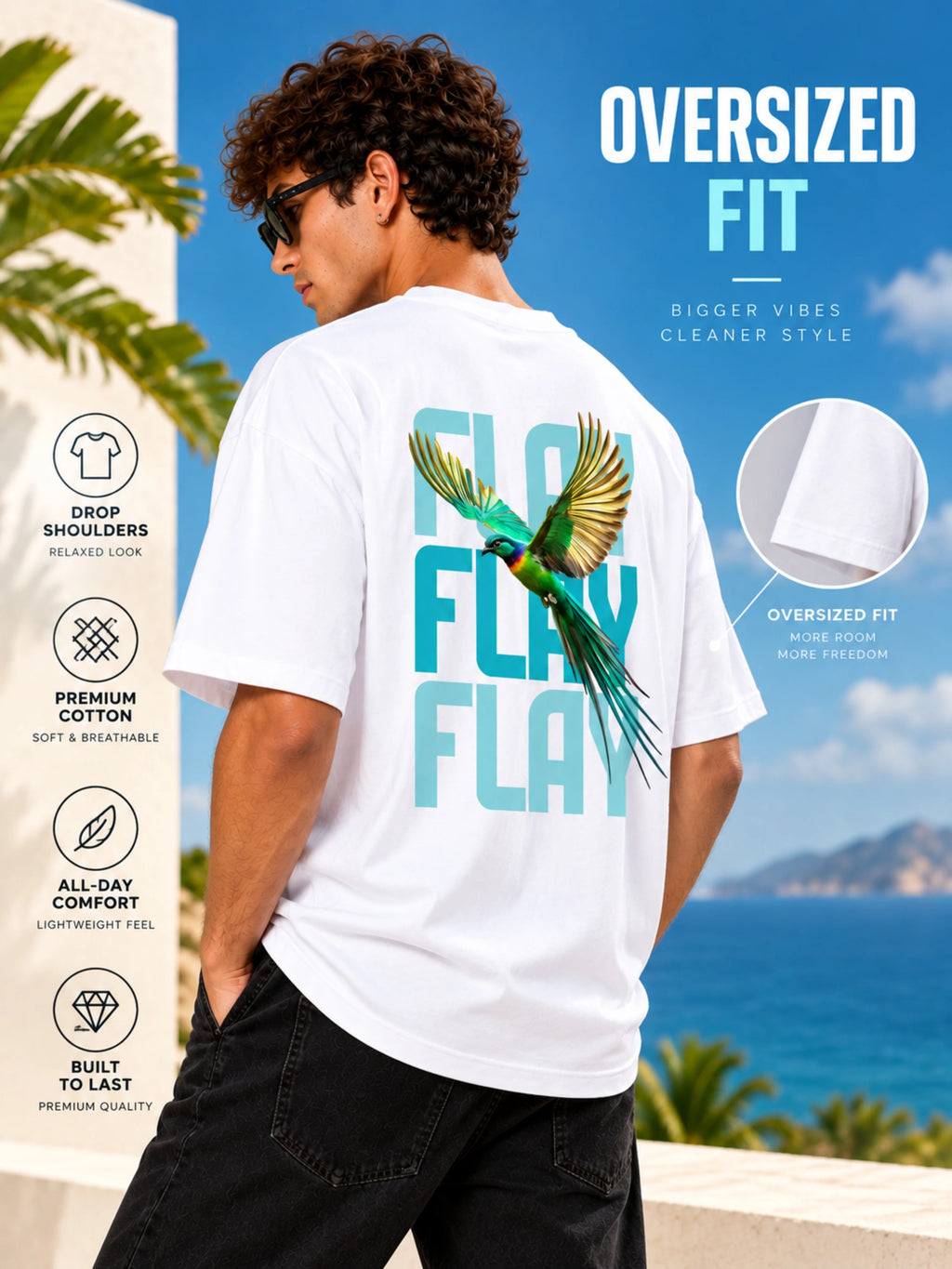 FLAY Men's Premium Oversized Graphic T-Shirt – 100% Rich Cotton, 240 GSM Heavyweight White Tee with Bird Back Print | White