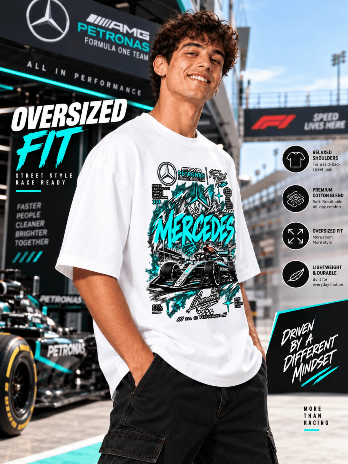 Excello Men's Mercedes-AMG Petronas F1 Graphic Oversized T-Shirt | white