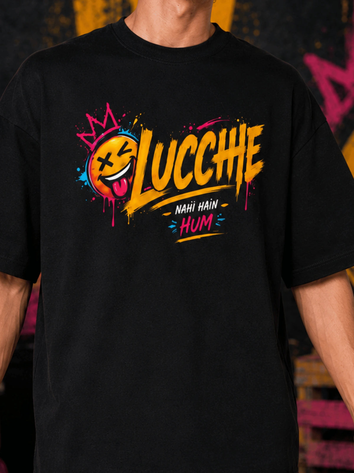 Excello Men's 'Lucchhe Nahi Hain Hum' Graphic Oversized T-Shirt | Black