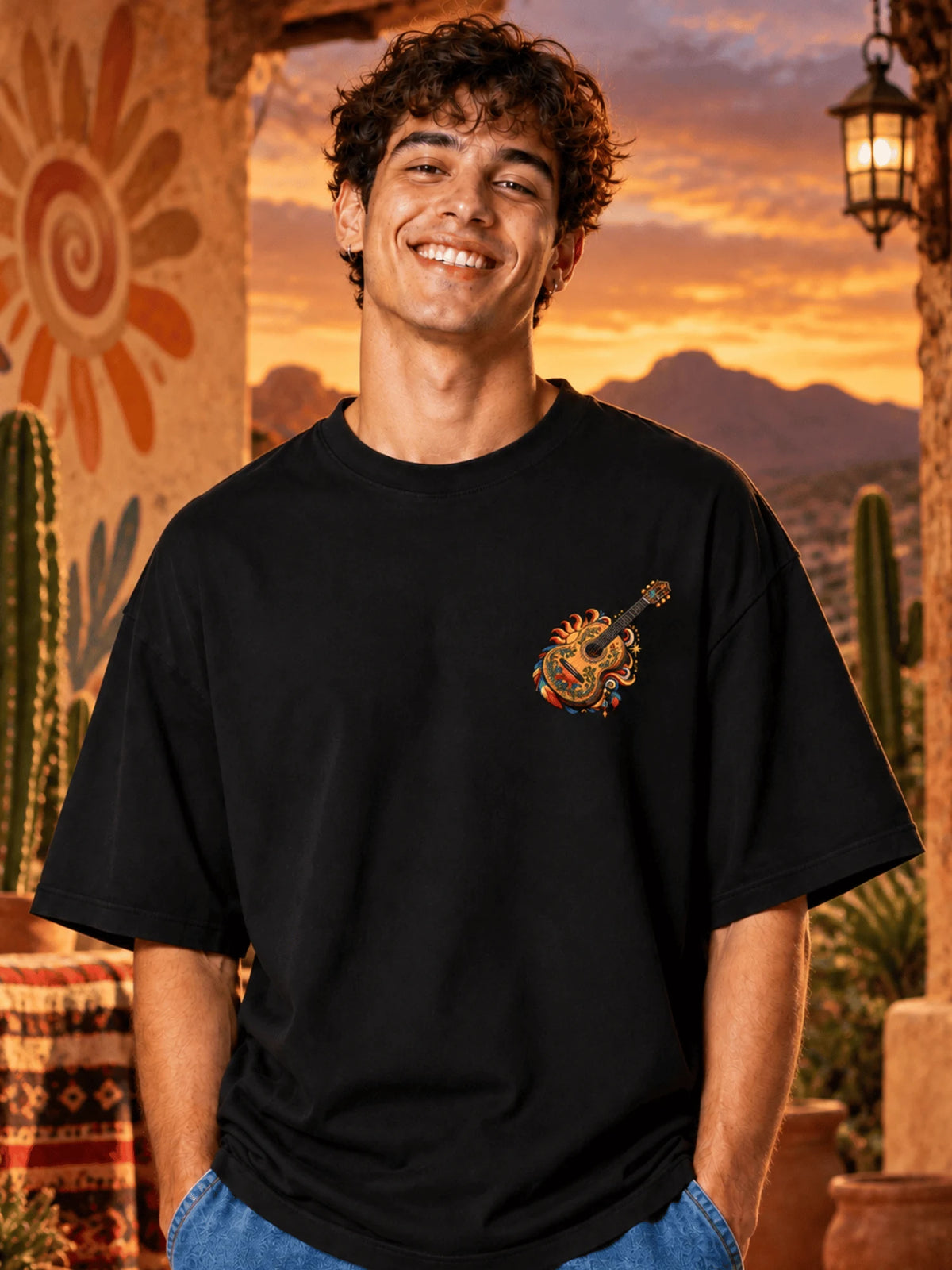 Excello Men's Mexican Musician Graphic Oversized T-Shirt | Black