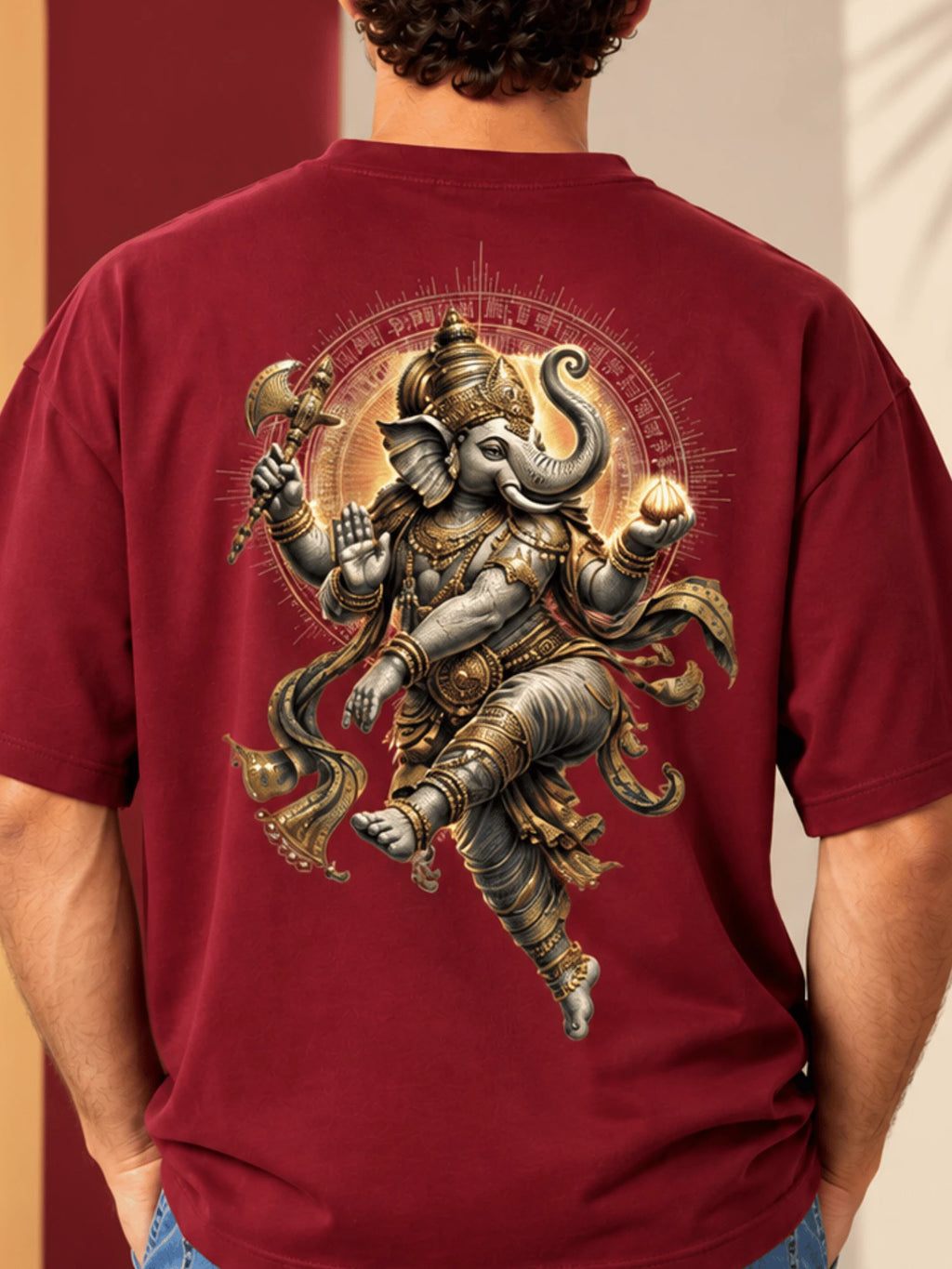 Excello Men's Dynamic Dancing Ganesha Graphic Oversized T-Shirt - 240 GSM Pure Cotton, Bio-Washed | Maroon