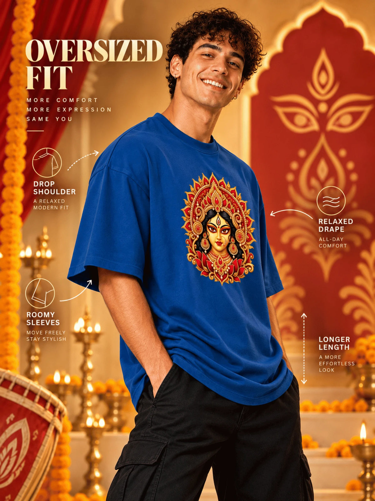 Excello Men's Divine Maa Durga Portrait Graphic Oversized T-Shirt | Air Force Blue