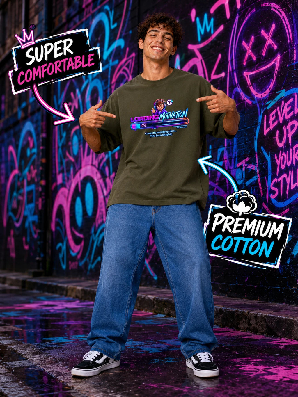 Excello Men's 'Loading Motivation' Gamer Graphic Oversized T-Shirt | Olive