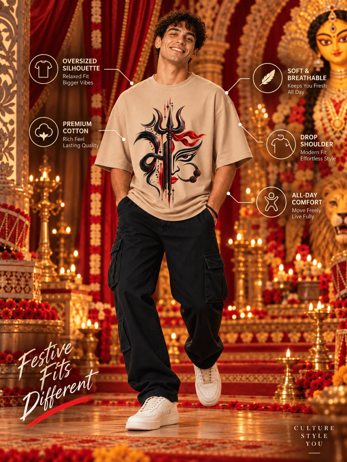 Excello Men's Divine Maa Durga Trishul Graphic Oversized T-Shirt - 180 GSM Premium Cotton | Beige