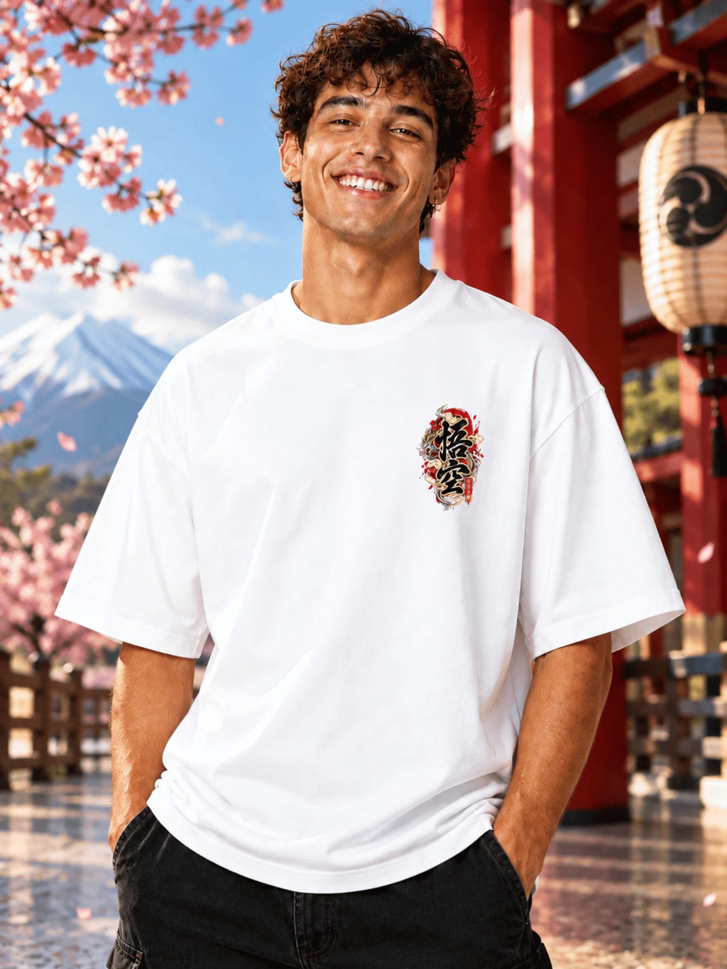 Excello Men's  Anime Dragon Graphic Oversized T-Shirt | White