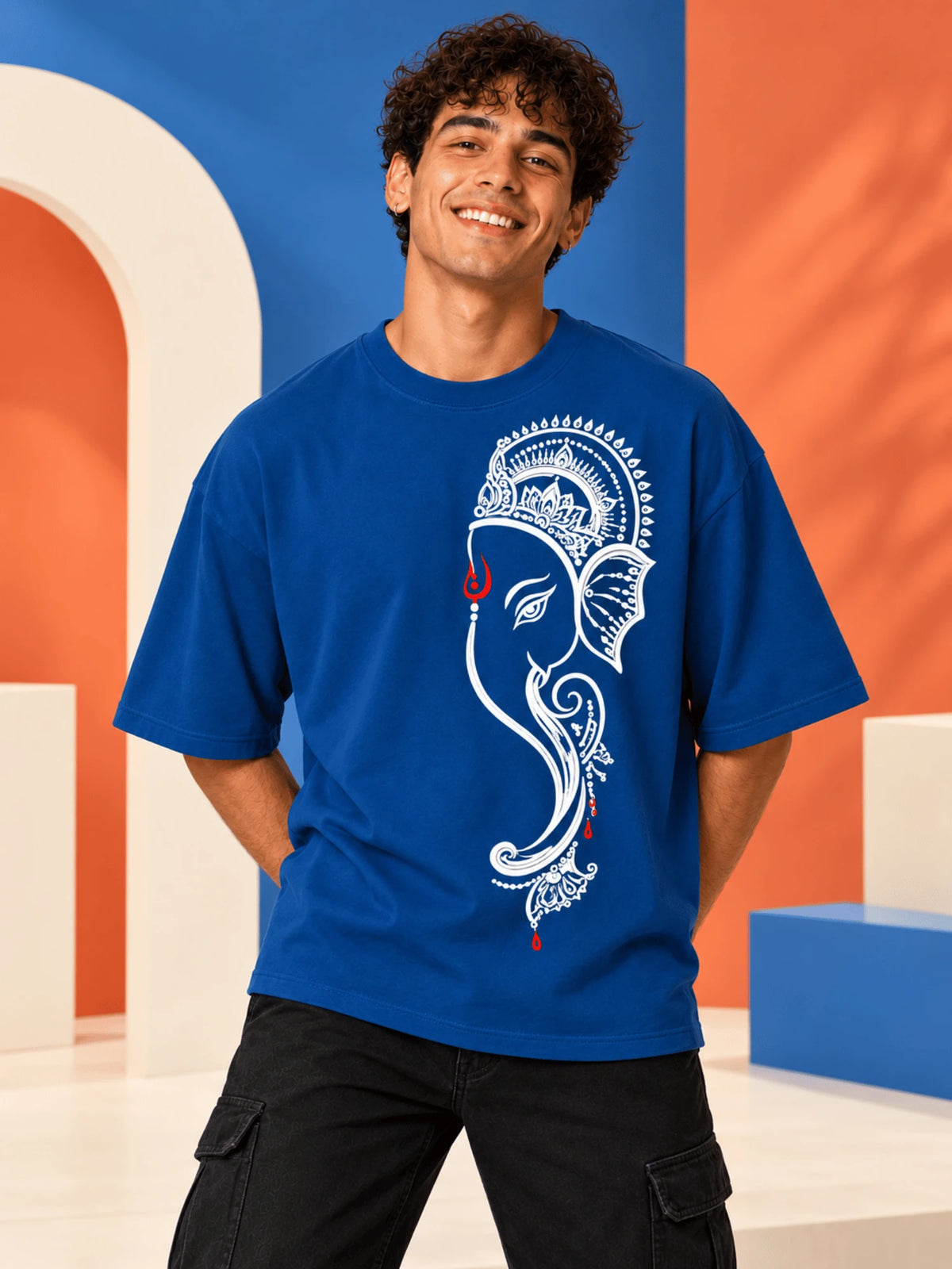 Excello Men's Minimalist Ganesha Line Art Graphic Oversized T-Shirt - 240 GSM Pure Cotton, Bio-Washed-Airforce Blue