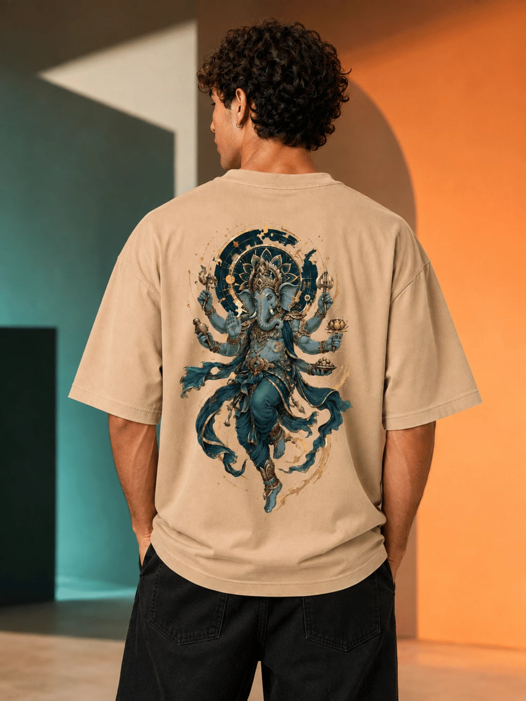 Excello Men's Divine Ganesha Graphic Oversized T-Shirt - 240 GSM Pure Cotton, Bio-Washed-Beige