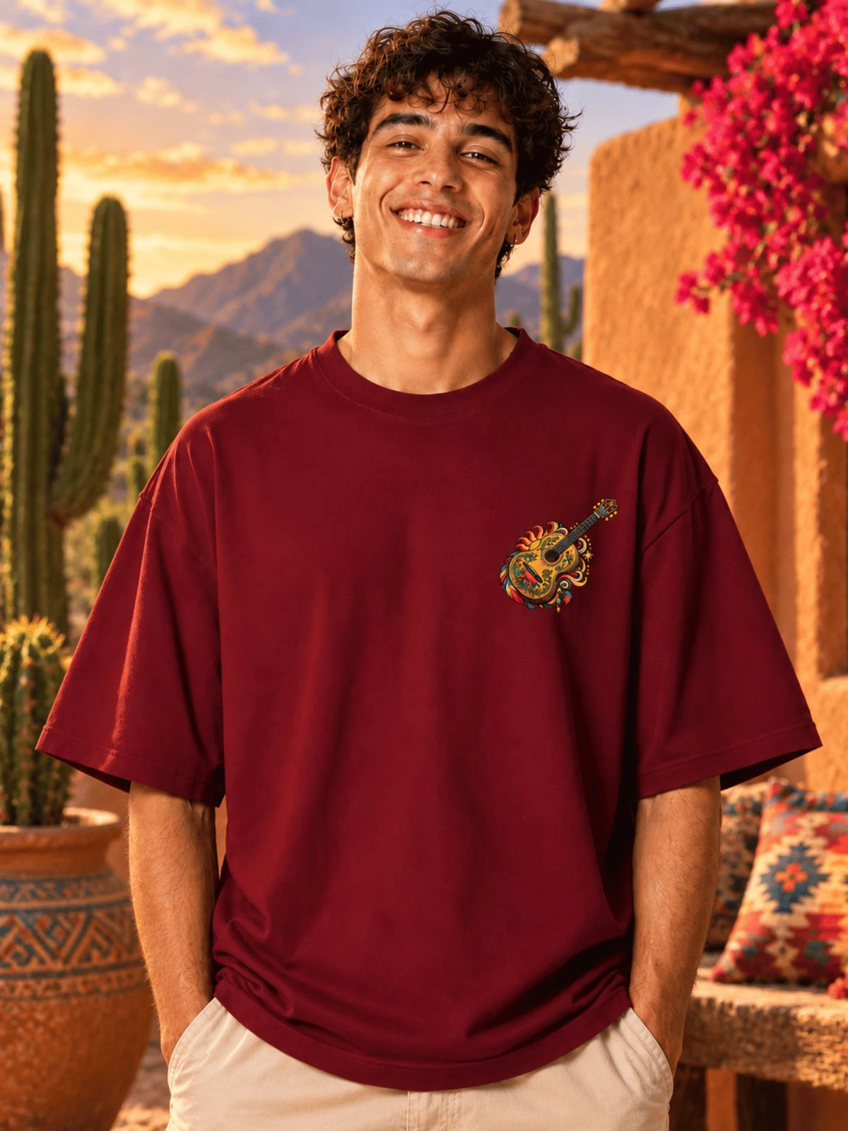 Excello Men's Mexican Musician Graphic Oversized T-Shirt | Maroon