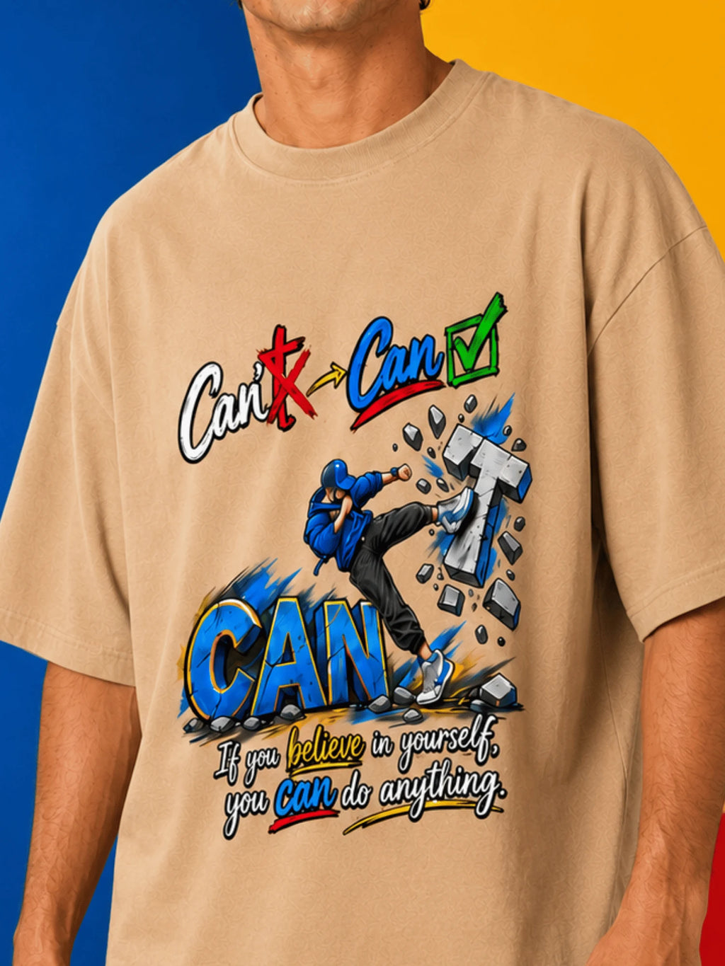 Excello Men's 'Believe You Can' Motivational Graphic Oversized T-Shirt - Premium Cotton | Beige