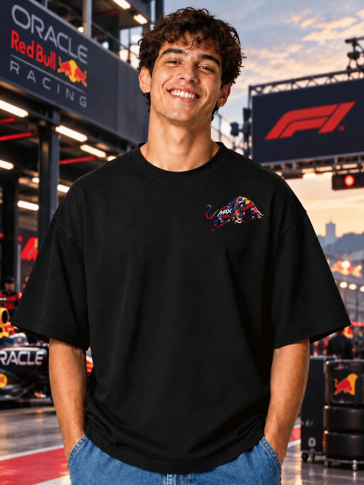 Excello Men's Max Verstappen Racing Graphic Oversized T-Shirt | Black