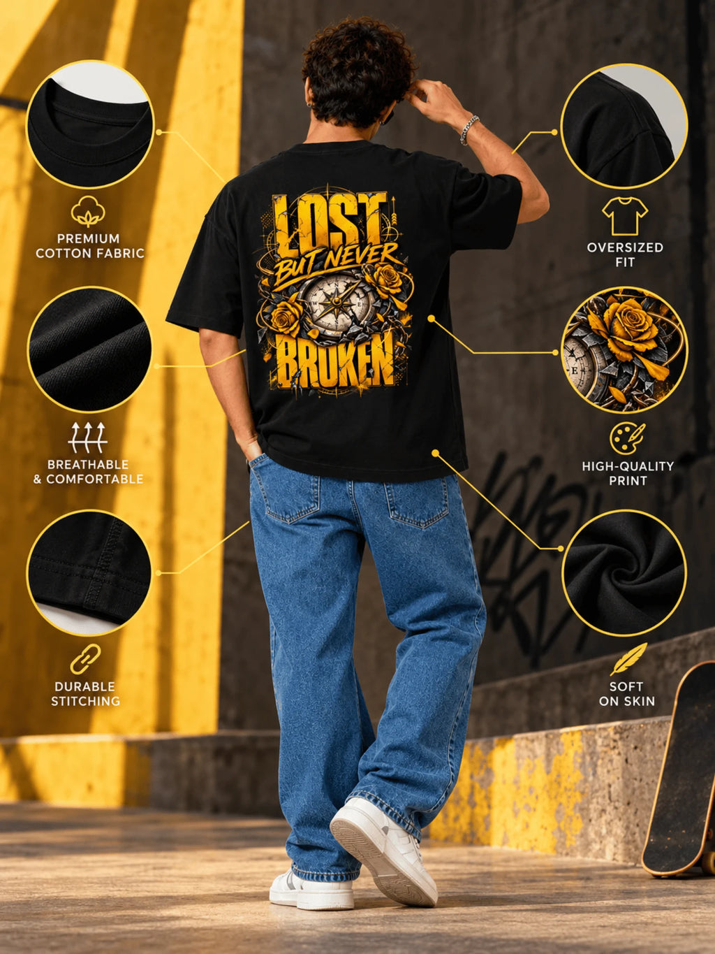 Excello Men's 'Lost But Never Broken' Compass Graphic Oversized T-Shirt | Black