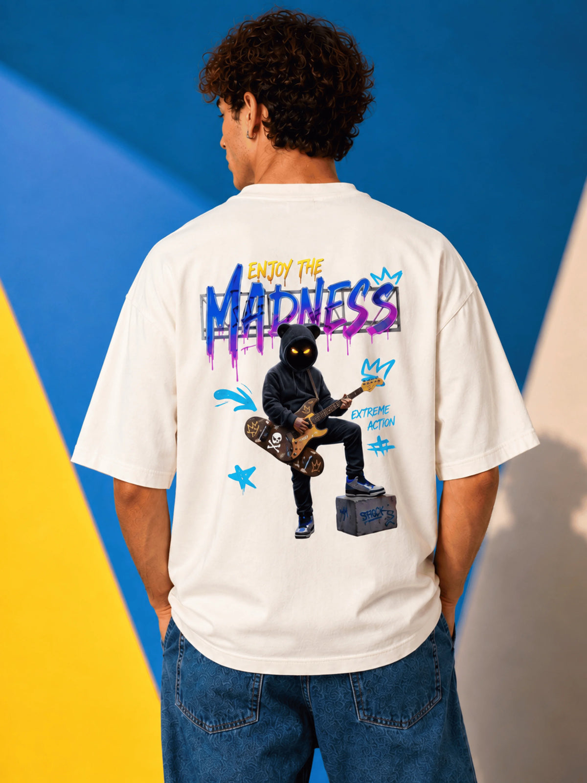 Excello Men's 'Enjoy The Madness' Graffiti Graphic Oversized T-Shirt | Off White