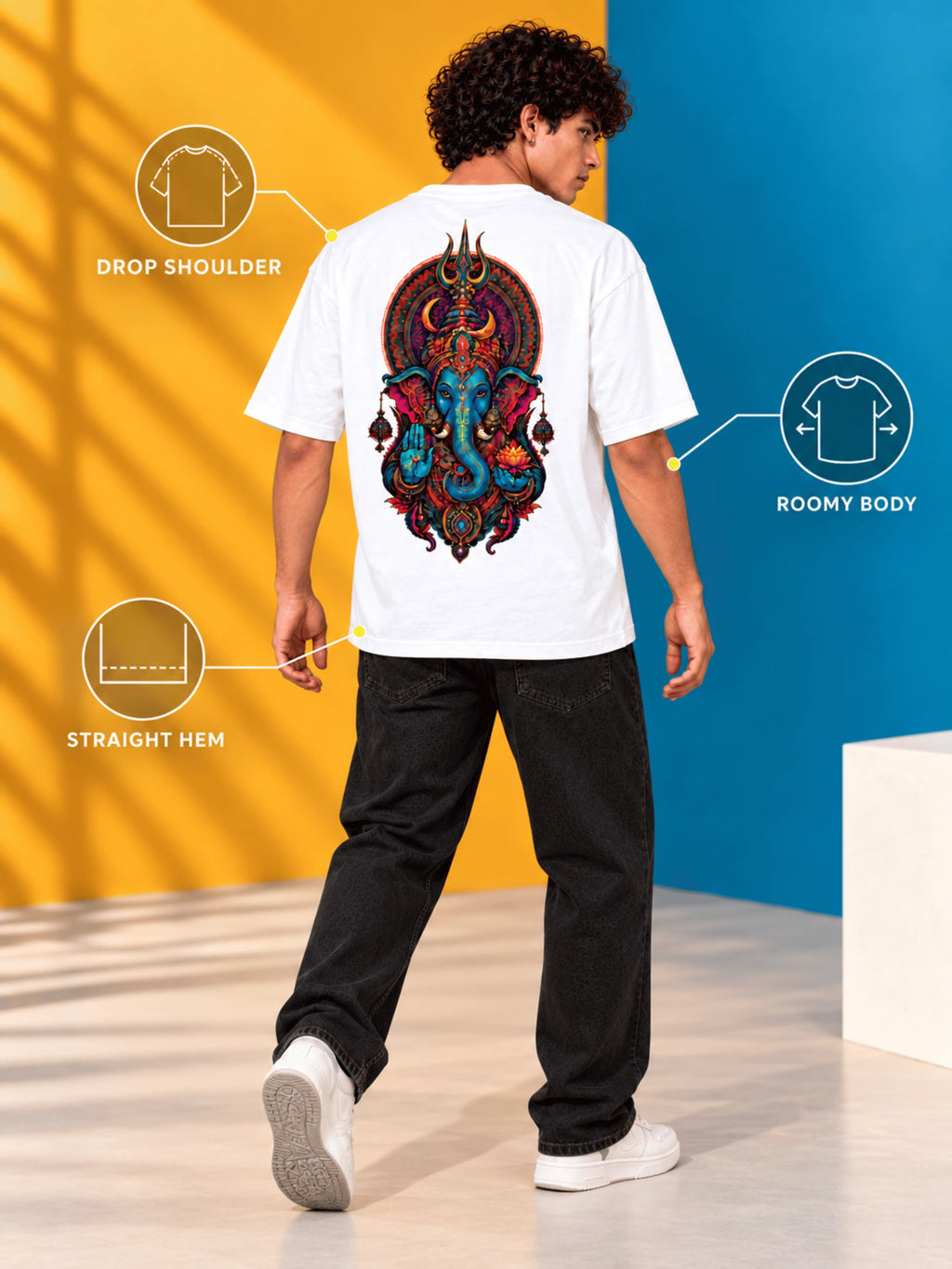 Excello Men's Divine Ganesha Trishul Graphic Oversized T-Shirt - 240 GSM Pure Cotton, Bio-Washed-White