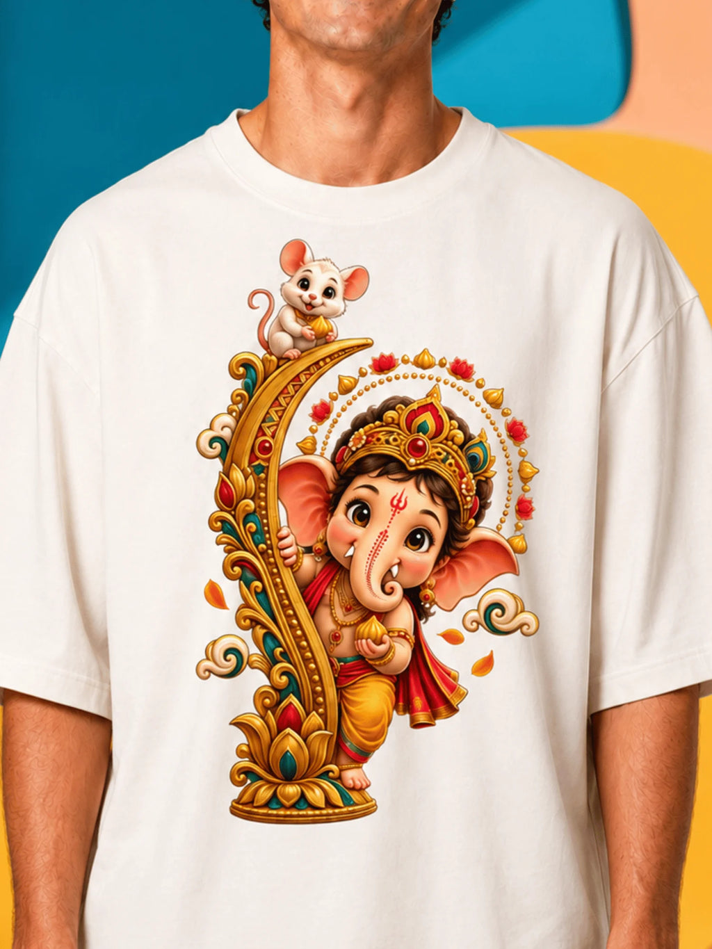 Excello Men's Playful Bal Ganesha & Mushak Graphic Oversized T-Shirt - 240 GSM Pure Cotton, Bio-Washed-White