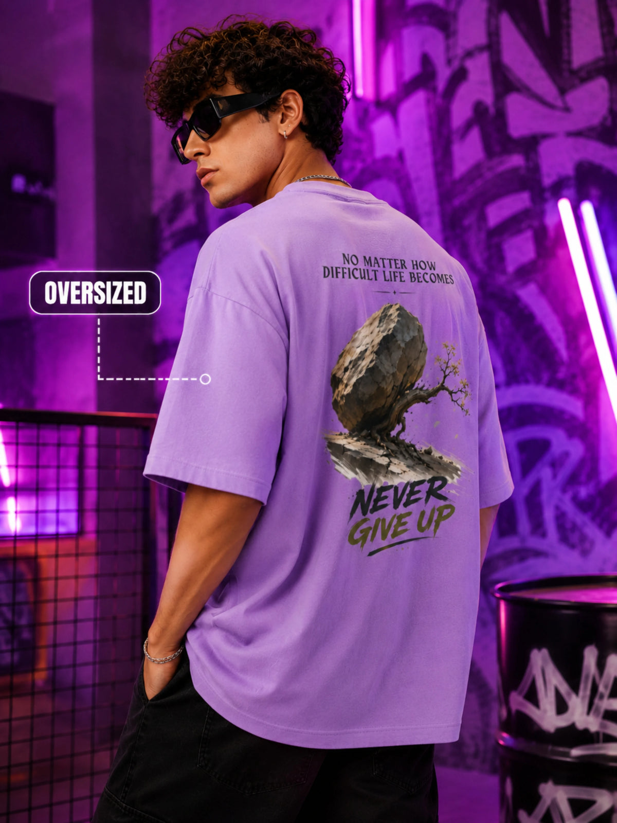 Excello Men's 'Never Give Up' Resilience Graphic Oversized T-Shirt | Lavender