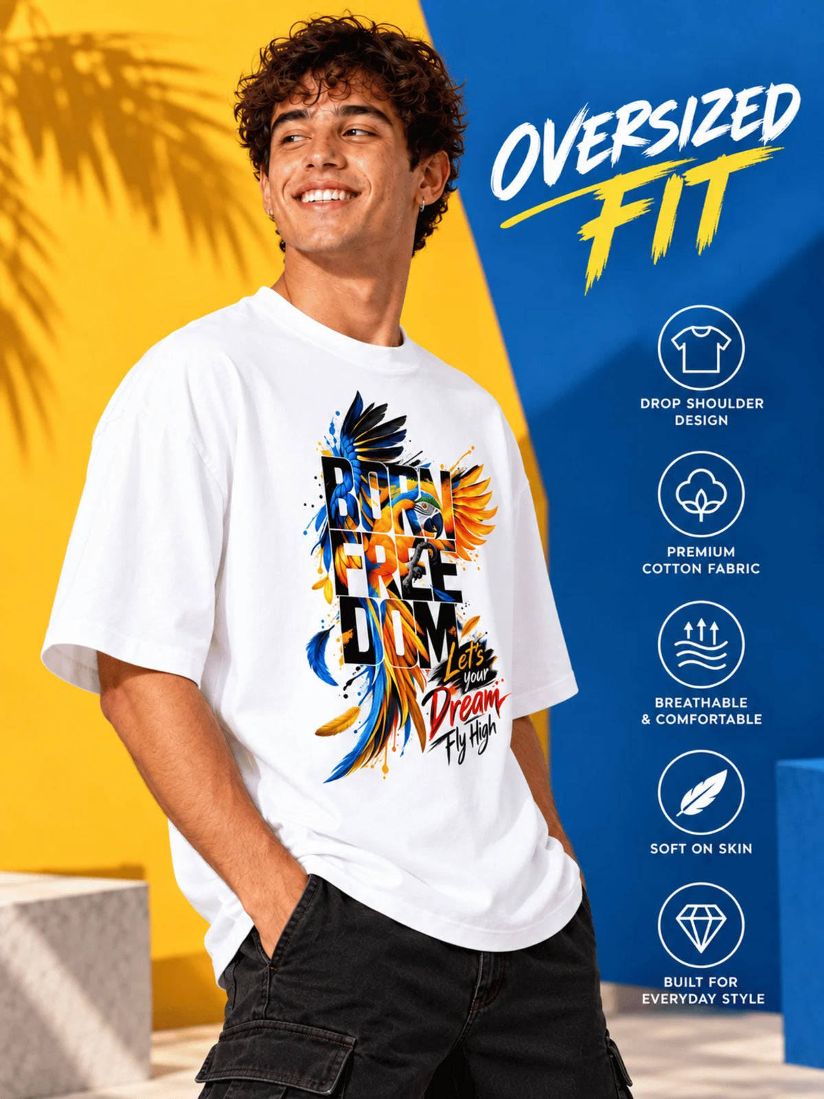 Excello Men's 'Born Freedom' Bird Graphic Oversized T-Shirt | White