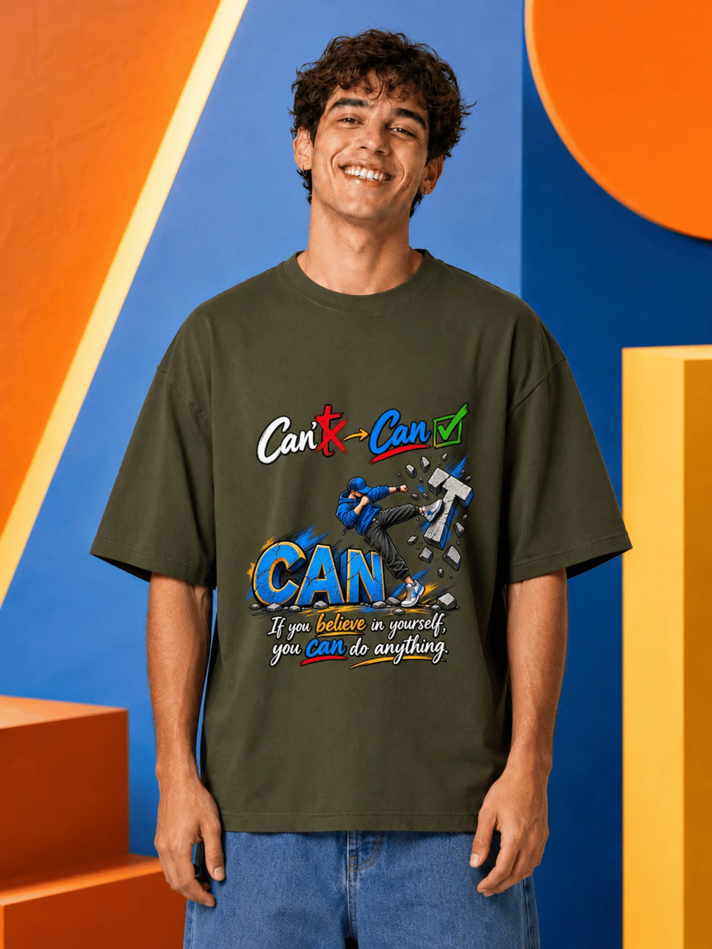 Excello Men's 'Believe You Can' Motivational Graphic Oversized T-Shirt - Premium Cotton | Olive