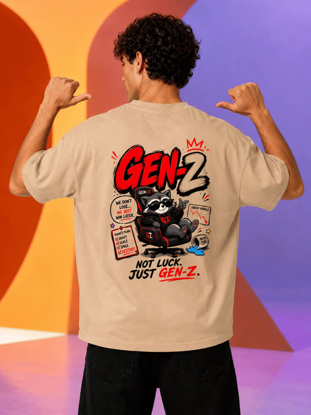 Excello Men's 'Gen-Z Raccoon' Gamer Graphic Oversized T-Shirt | Beige