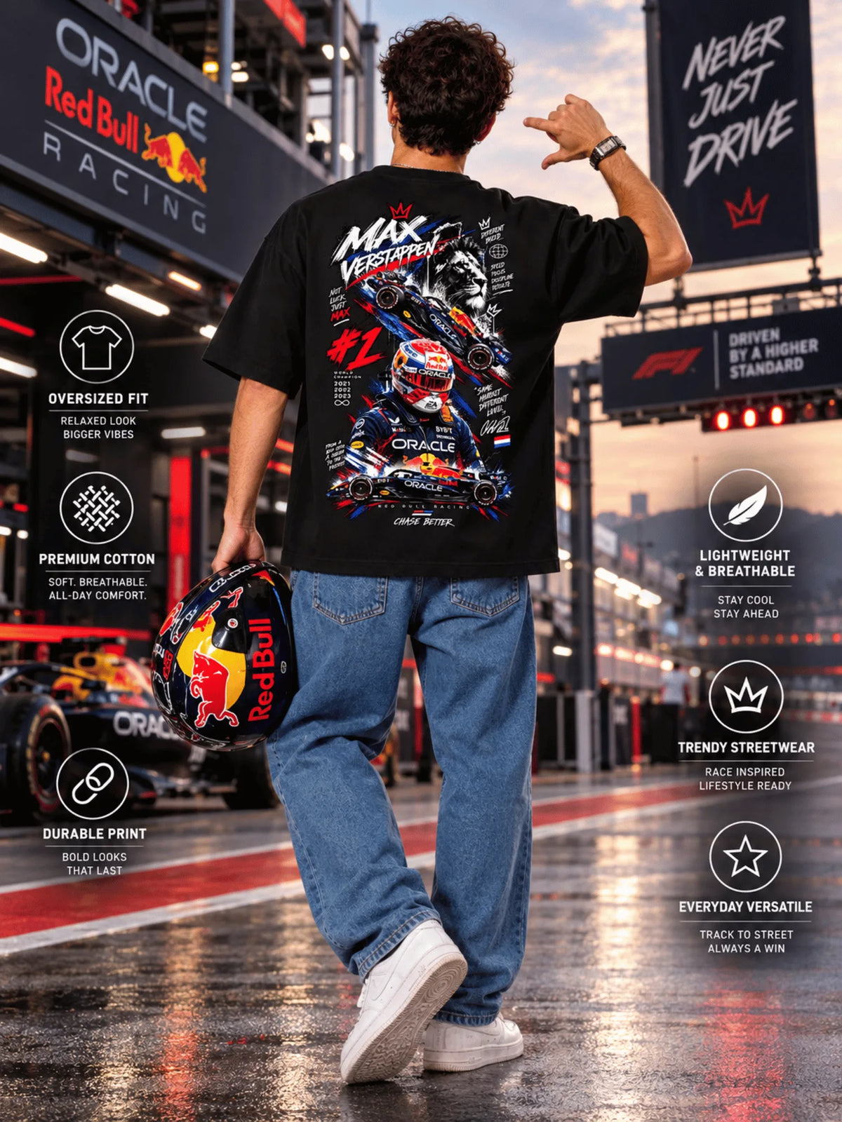 Excello Men's Max Verstappen Racing Graphic Oversized T-Shirt | Black