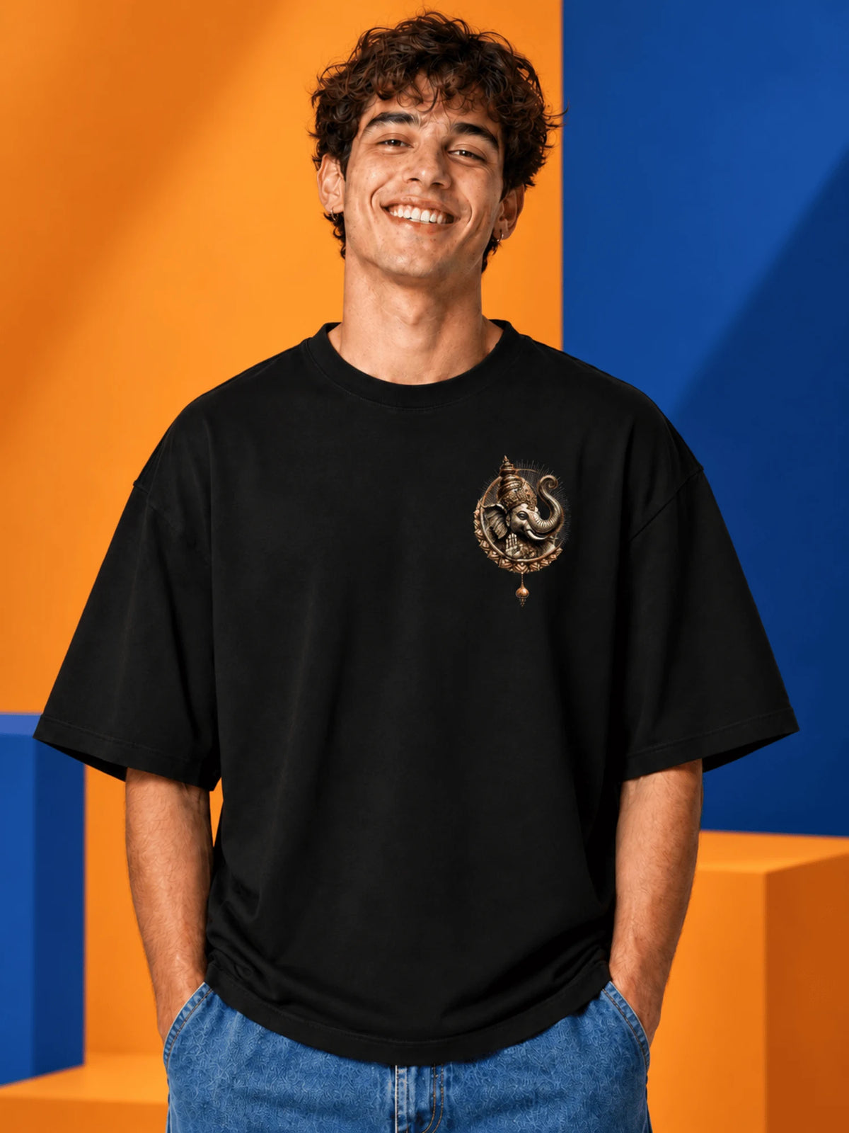Excello Men's Dynamic Dancing Ganesha Graphic Oversized T-Shirt - 240 GSM Pure Cotton, Bio-Washed | Black