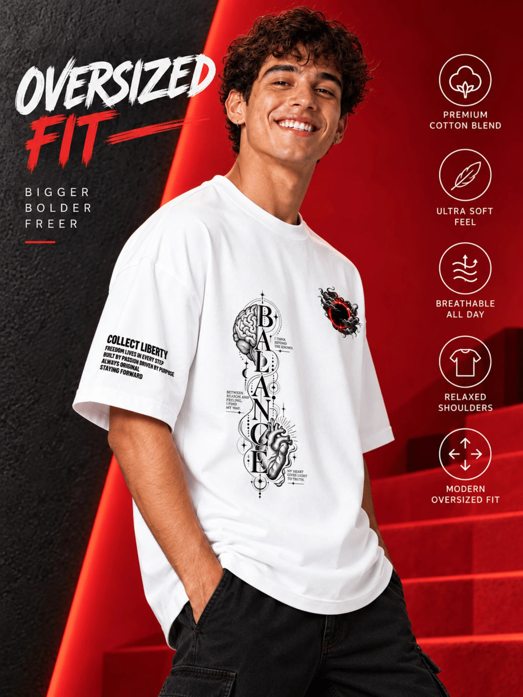 Excello Men's 'Balance' Brain & Heart Graphic Oversized T-Shirt | White