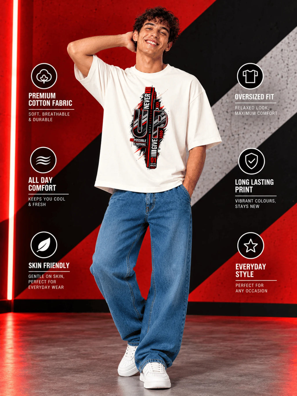 Excello Men's 'Never Give Up' Motivational Graphic Oversized T-Shirt | Off  White