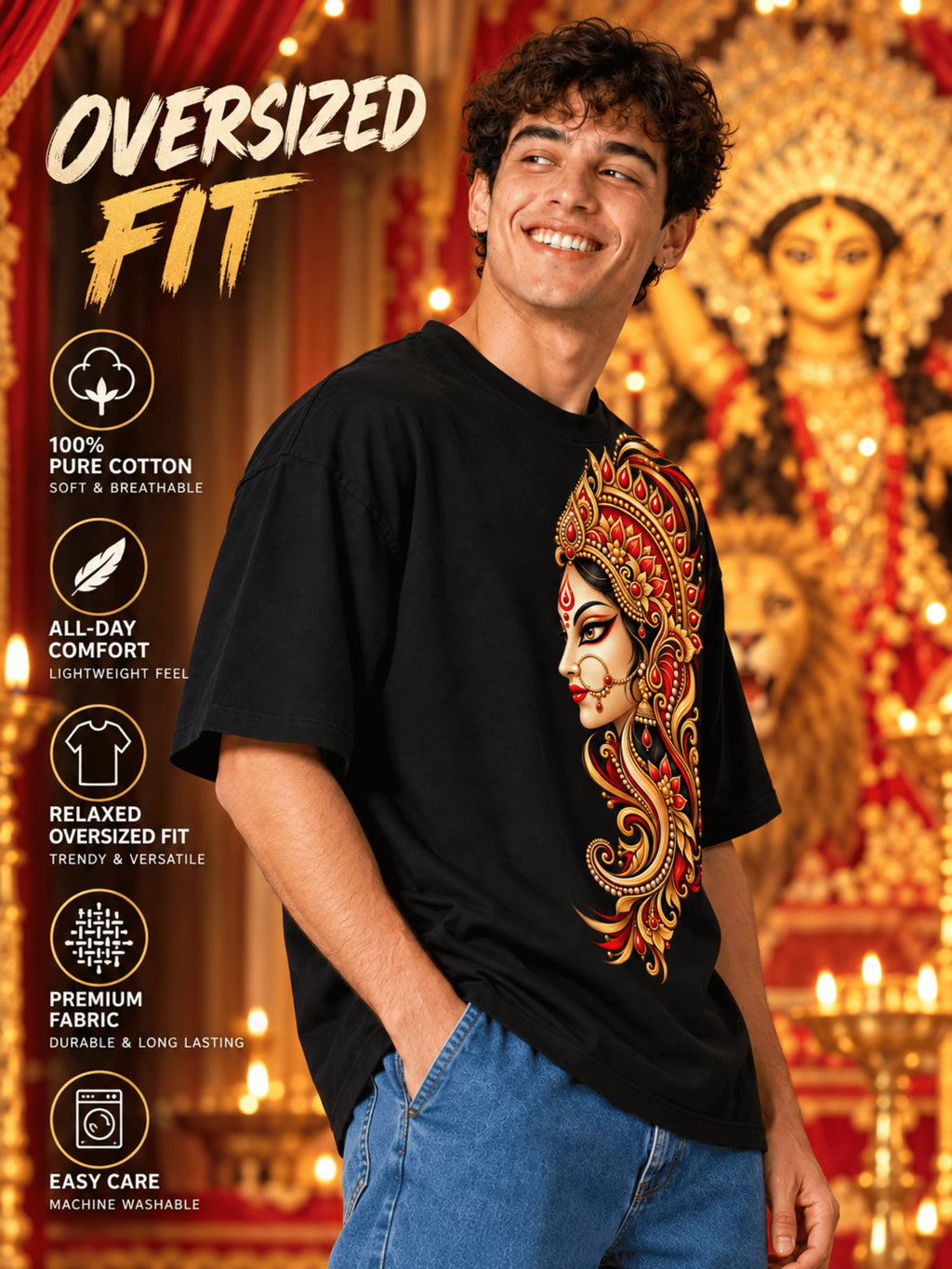 Excello Men's Divine Goddess Golden Profile Graphic Oversized T-Shirt | Black