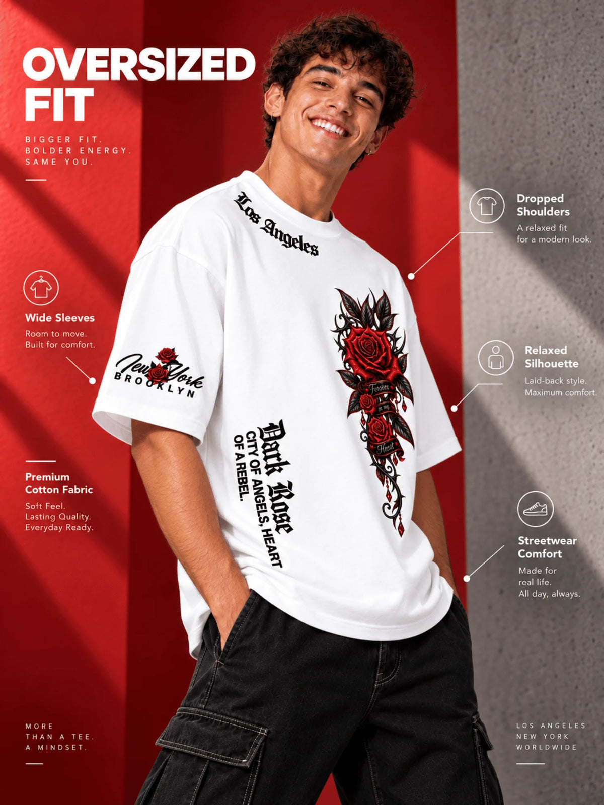 Excello Men's 'Dark Rose' Rebel Graphic Oversized T-Shirt | White