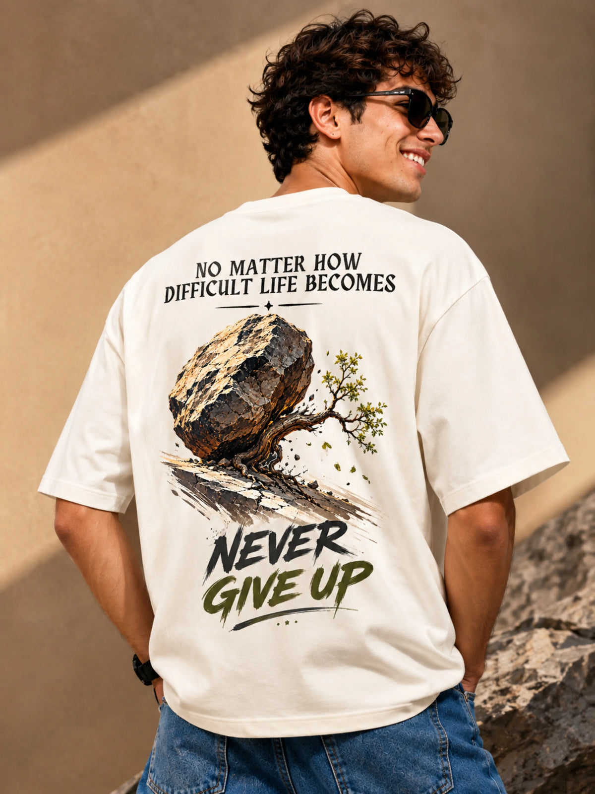 Excello Men's 'Never Give Up' Resilience Graphic Oversized T-Shirt | Off White