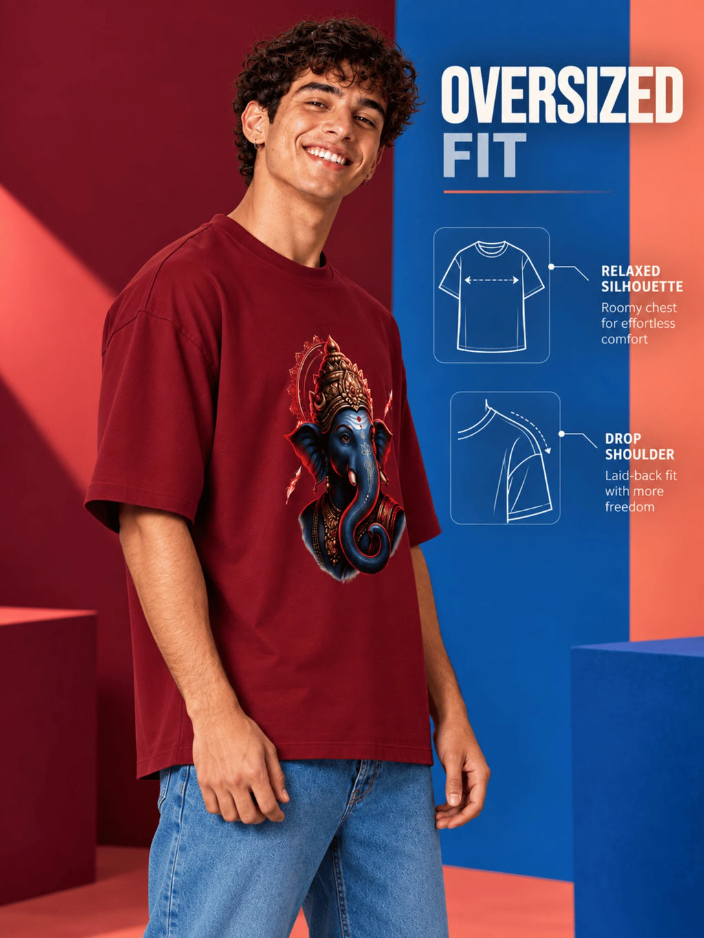 Excello Ganesha Oversized T-Shirt - 240GSM Cotton-Maroon