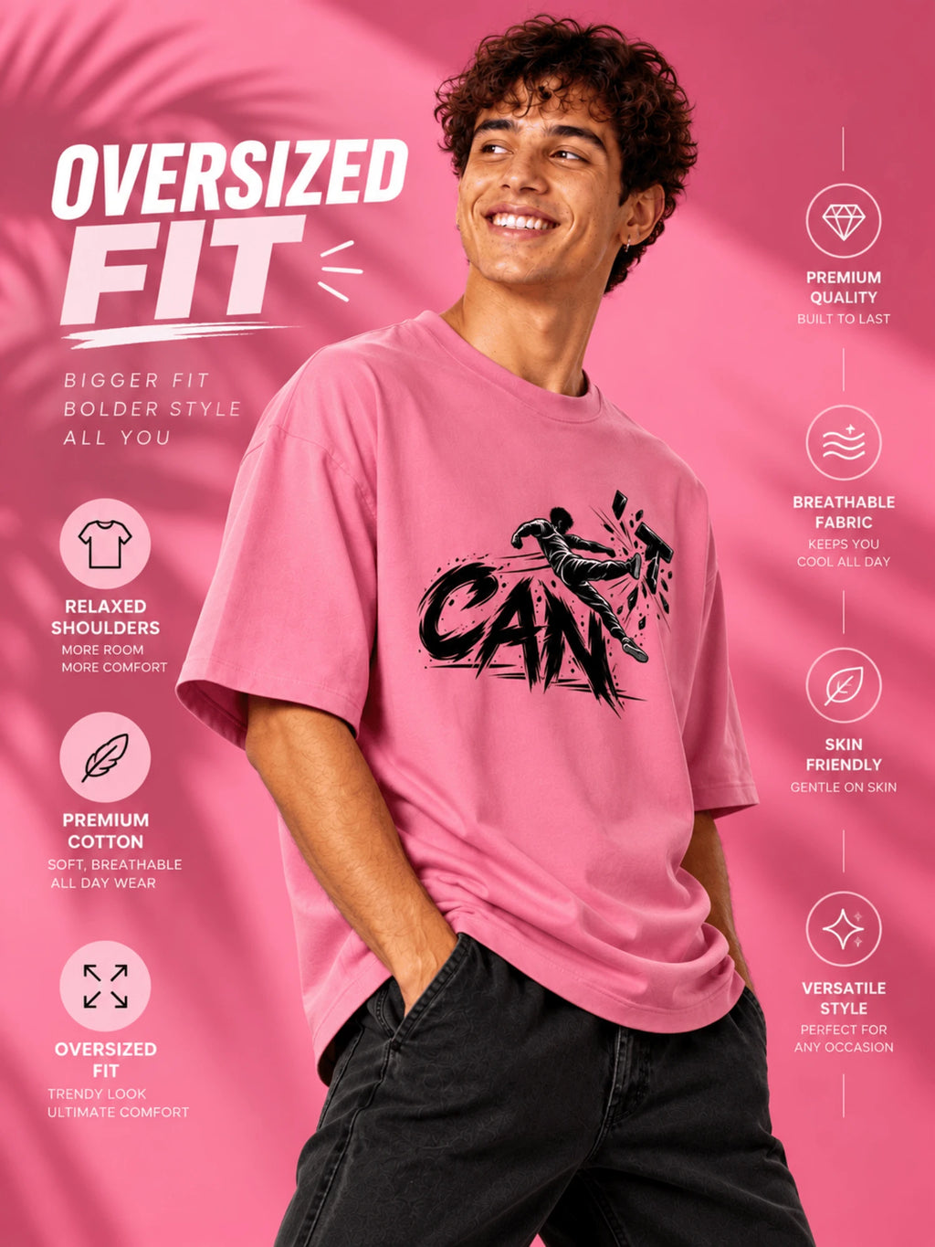 Excello Men's 'I Can' Motivational Graphic Oversized T-Shirt |  Rose Pink