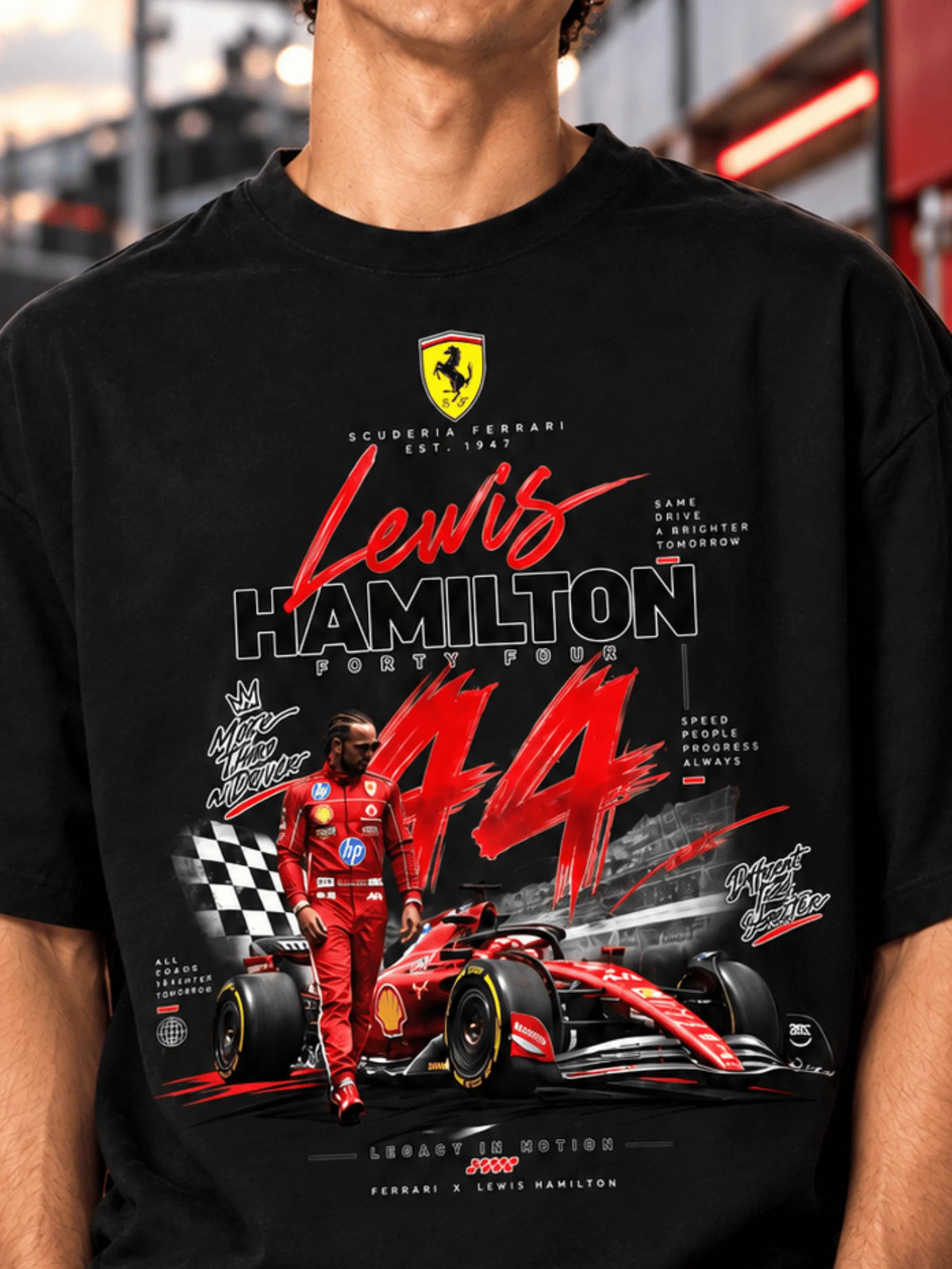 Excello Men's Lewis Hamilton 44 Scuderia Ferrari Graphic Oversized T-Shirt | Black