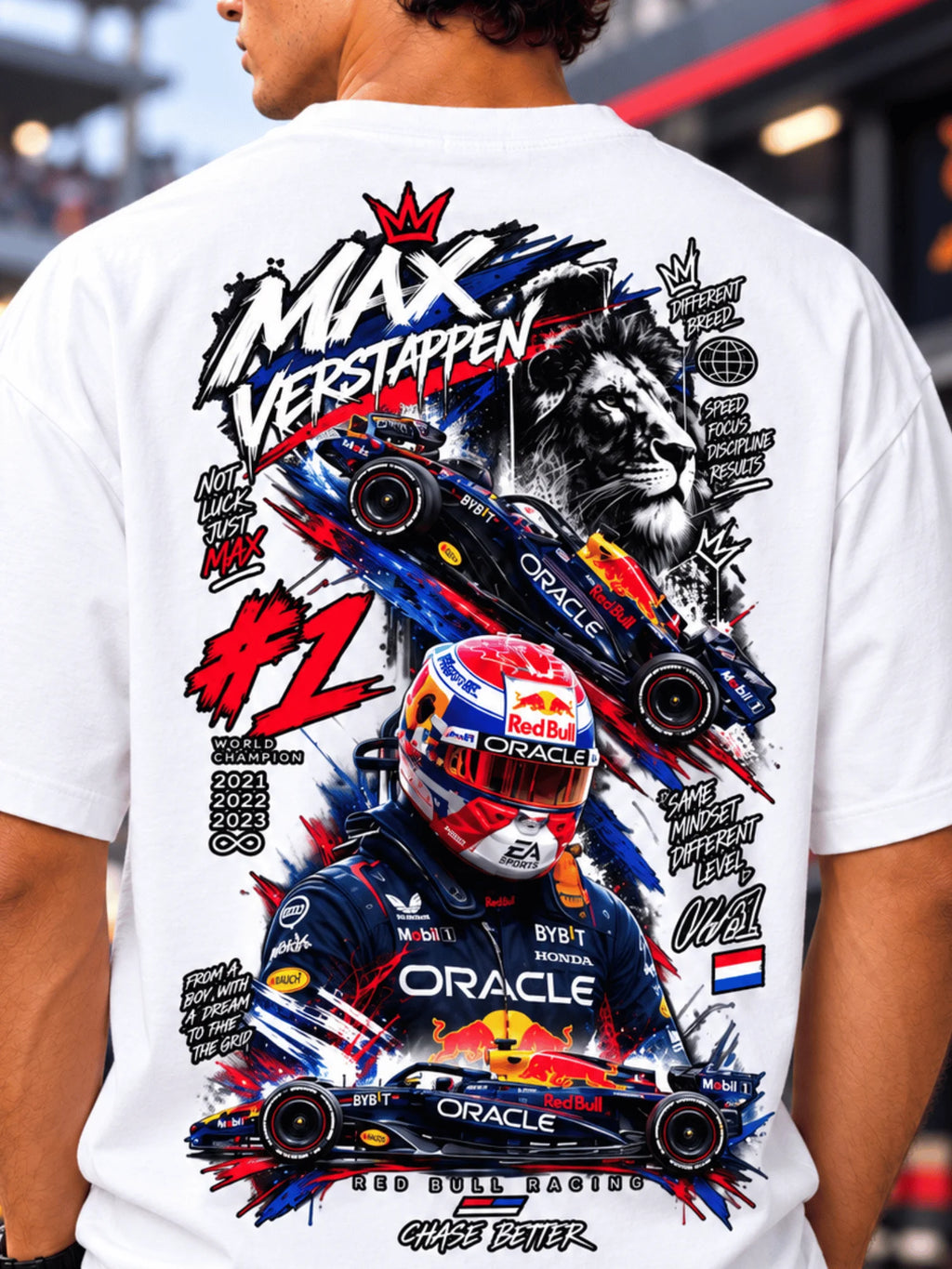 Excello Men's Max Verstappen Racing Graphic Oversized T-Shirt | White