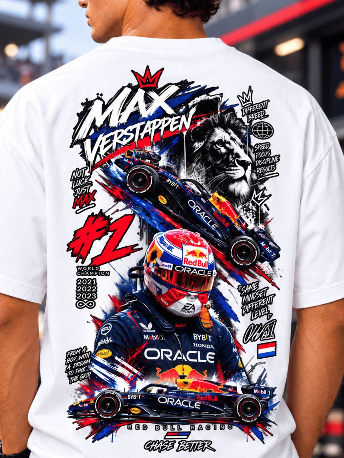 Excello Men's Max Verstappen Racing Graphic Oversized T-Shirt | White