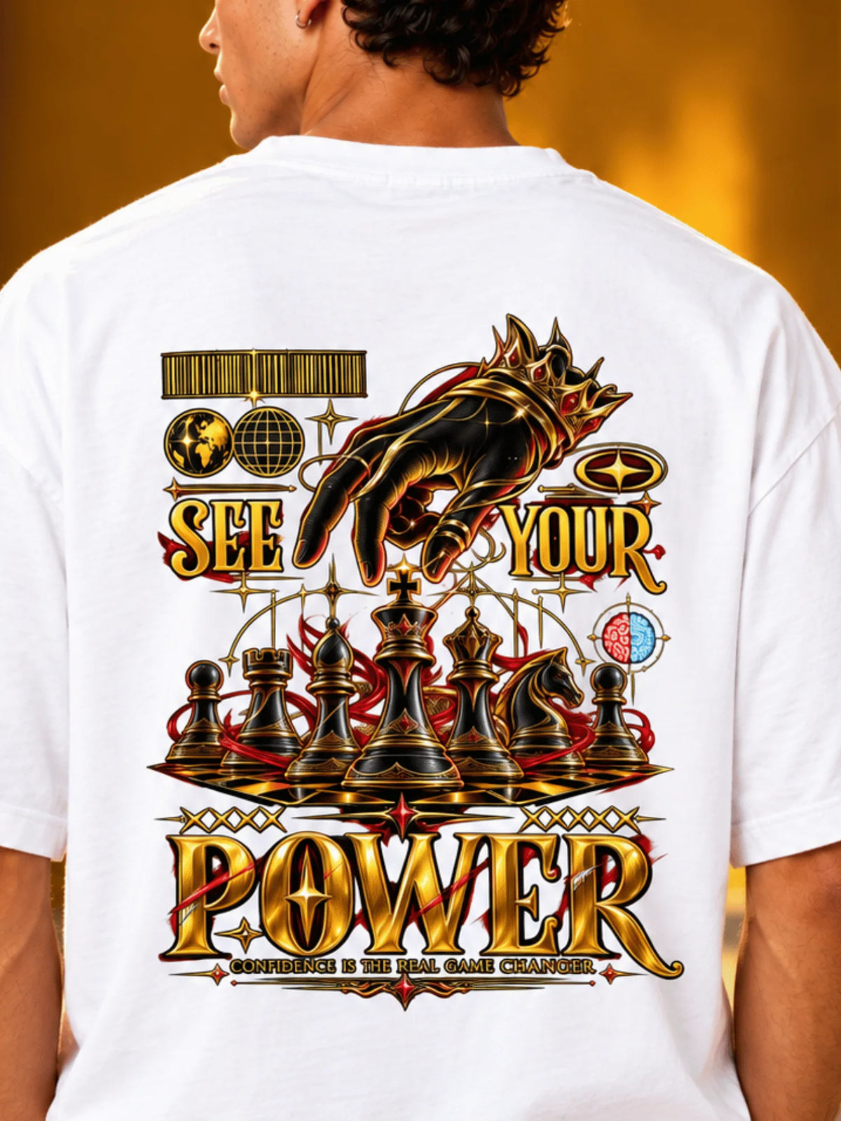 Excello Men's 'See Your Power' Chess Graphic Oversized T-Shirt | White