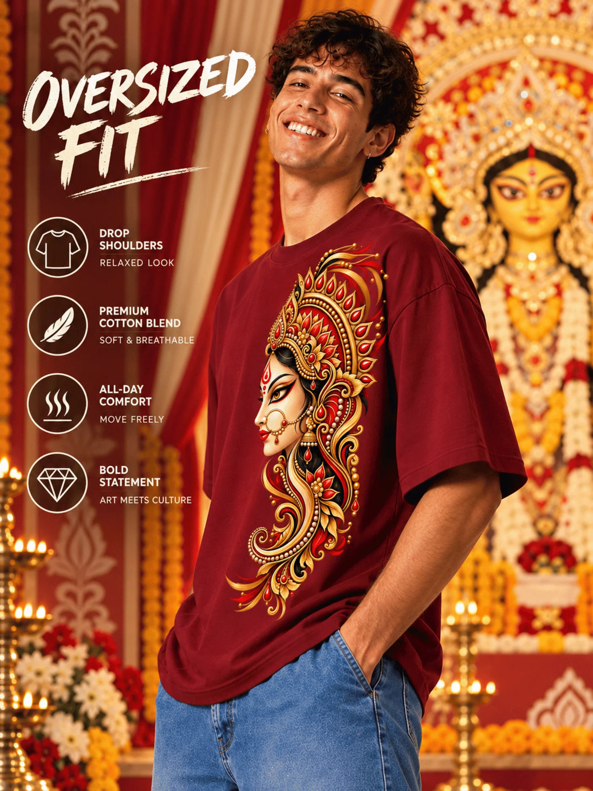 Excello Men's Divine Goddess Golden Profile Graphic Oversized T-Shirt | Maroon
