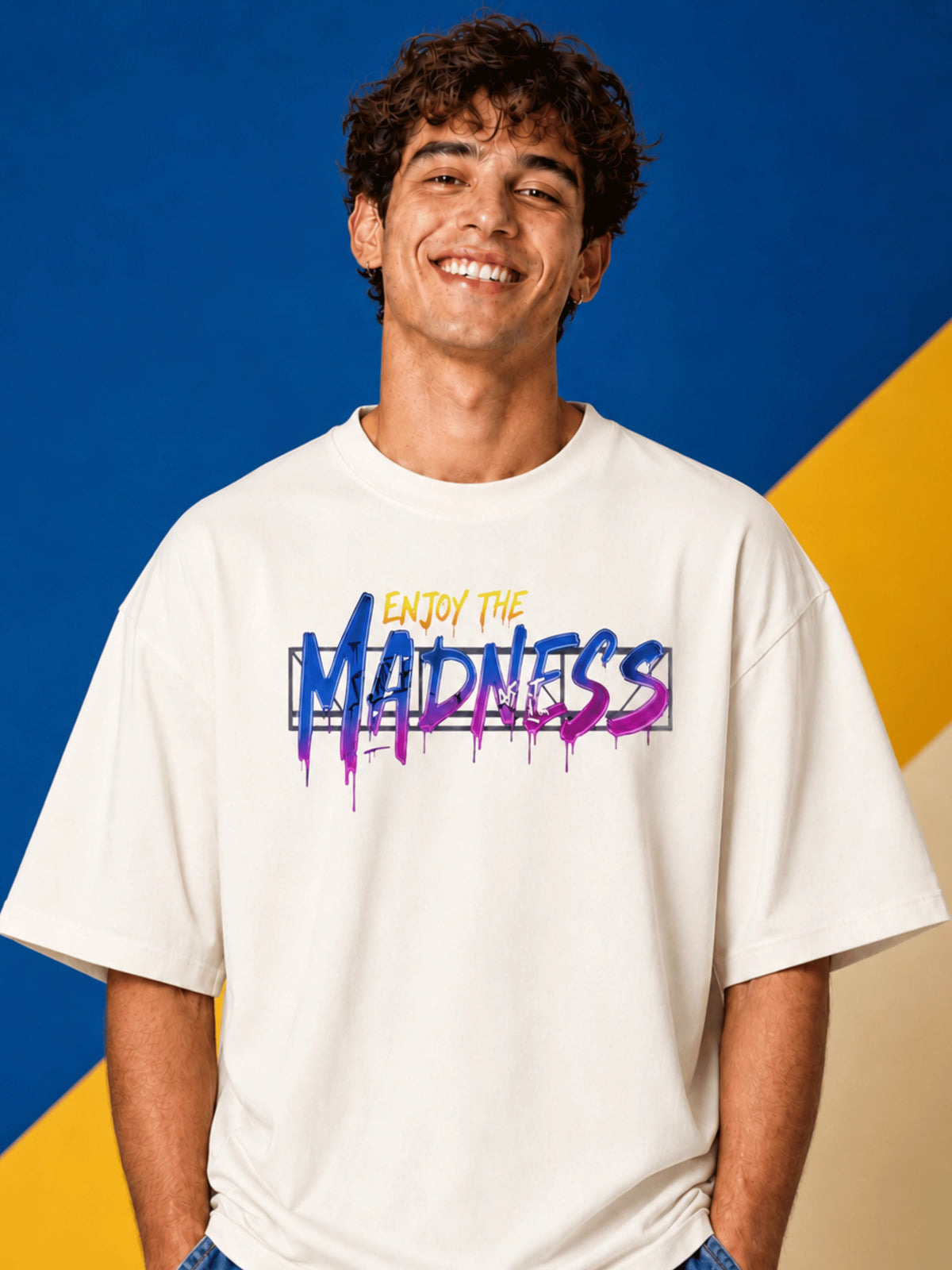 Excello Men's 'Enjoy The Madness' Graffiti Graphic Oversized T-Shirt | Off White